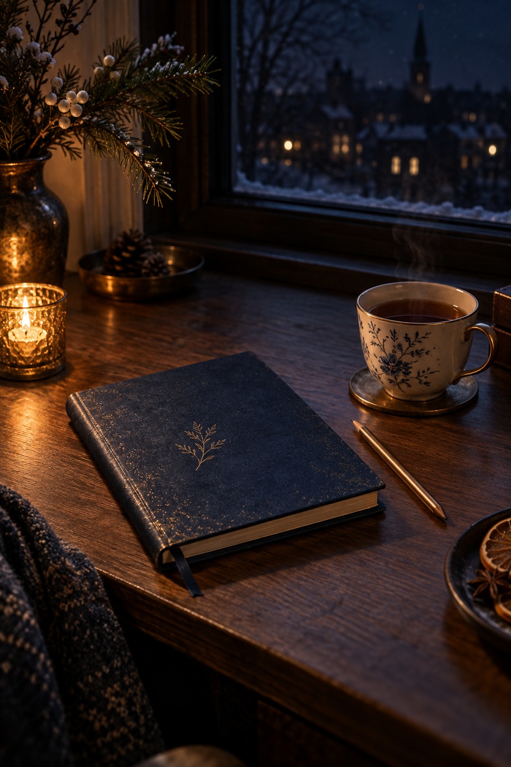 Calm winter desk with a closed notebook, warm tea, candlelight, and no demanding resolution checklist.