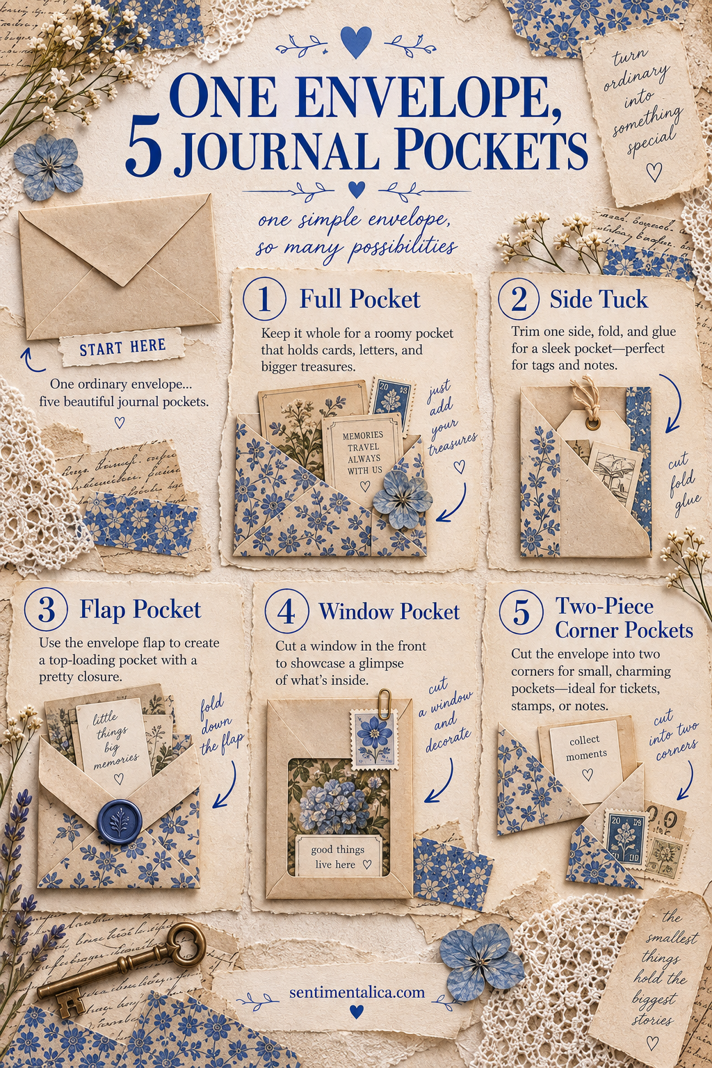 Infographic showing five junk journal pockets made from one envelope