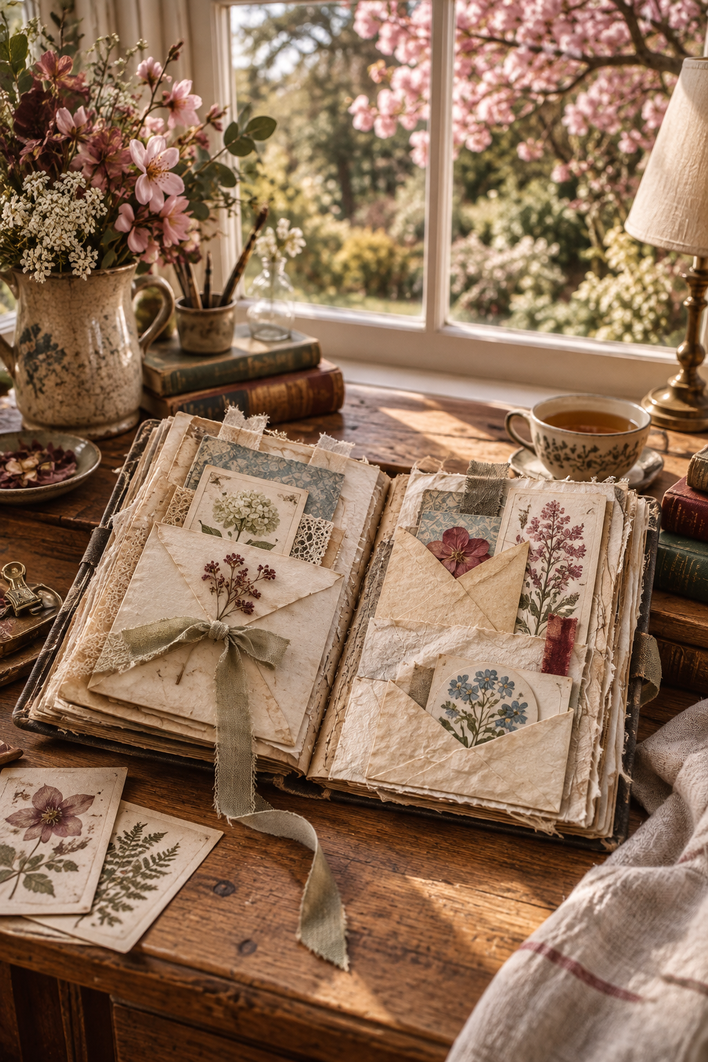 An open handmade journal filled with envelope pockets and botanical cards