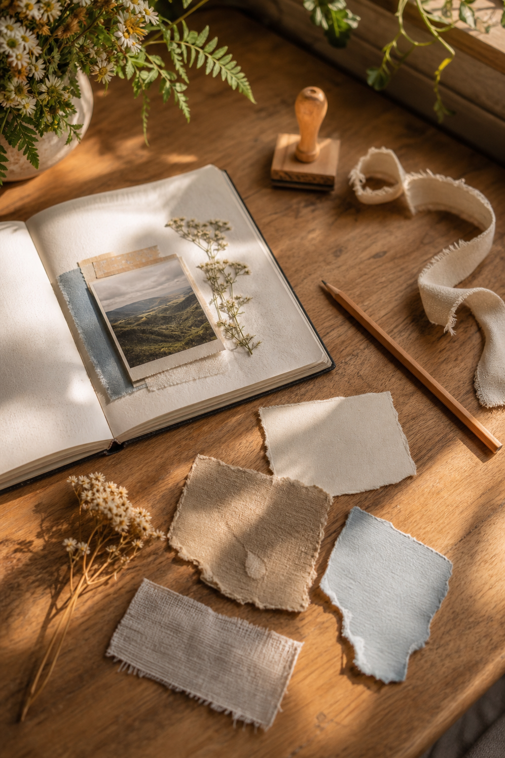 Sunlit scrapbook desk with one landscape photograph and paper scraps