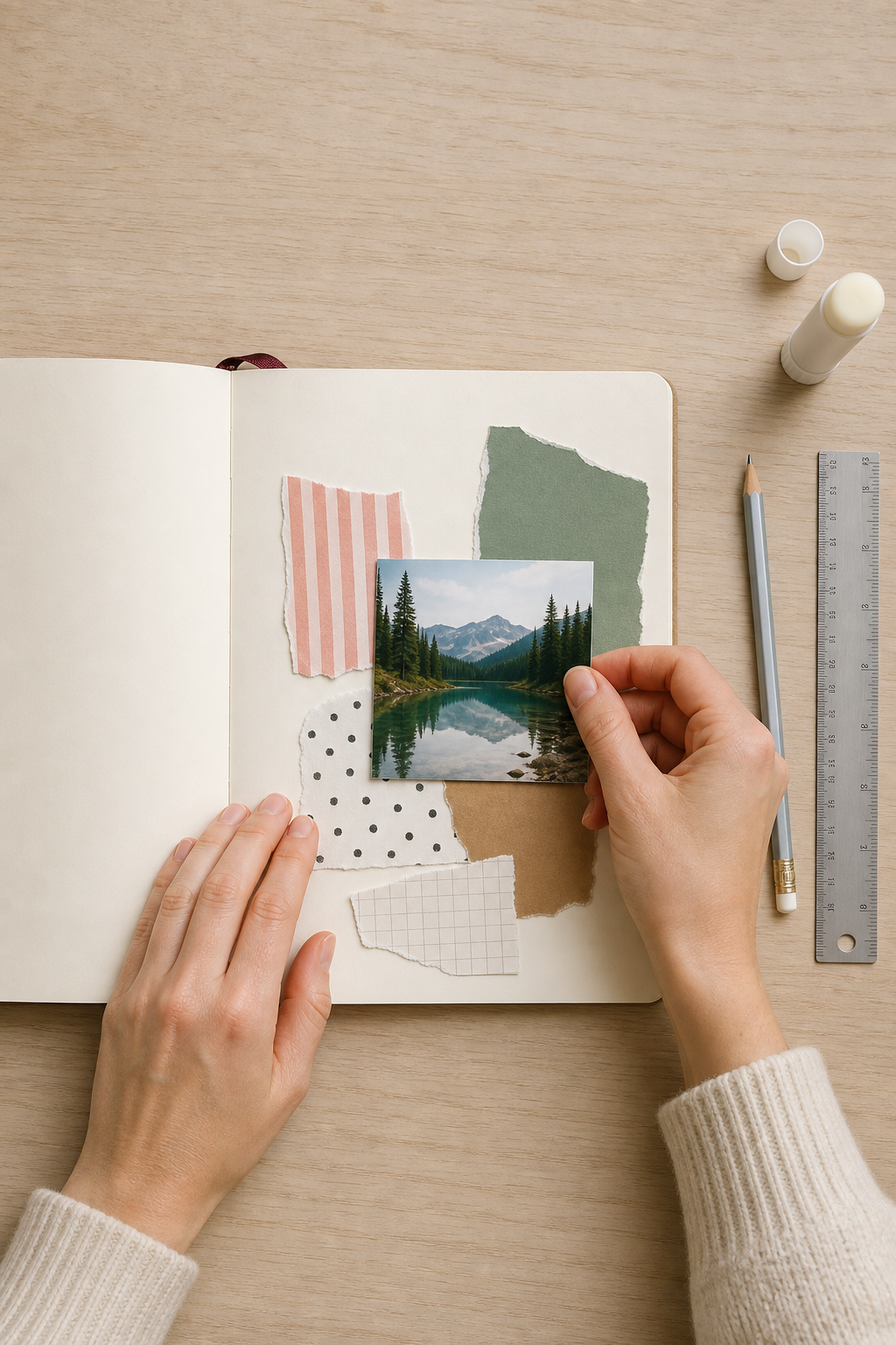 Hands arranging one photo with five torn scraps on a scrapbook page