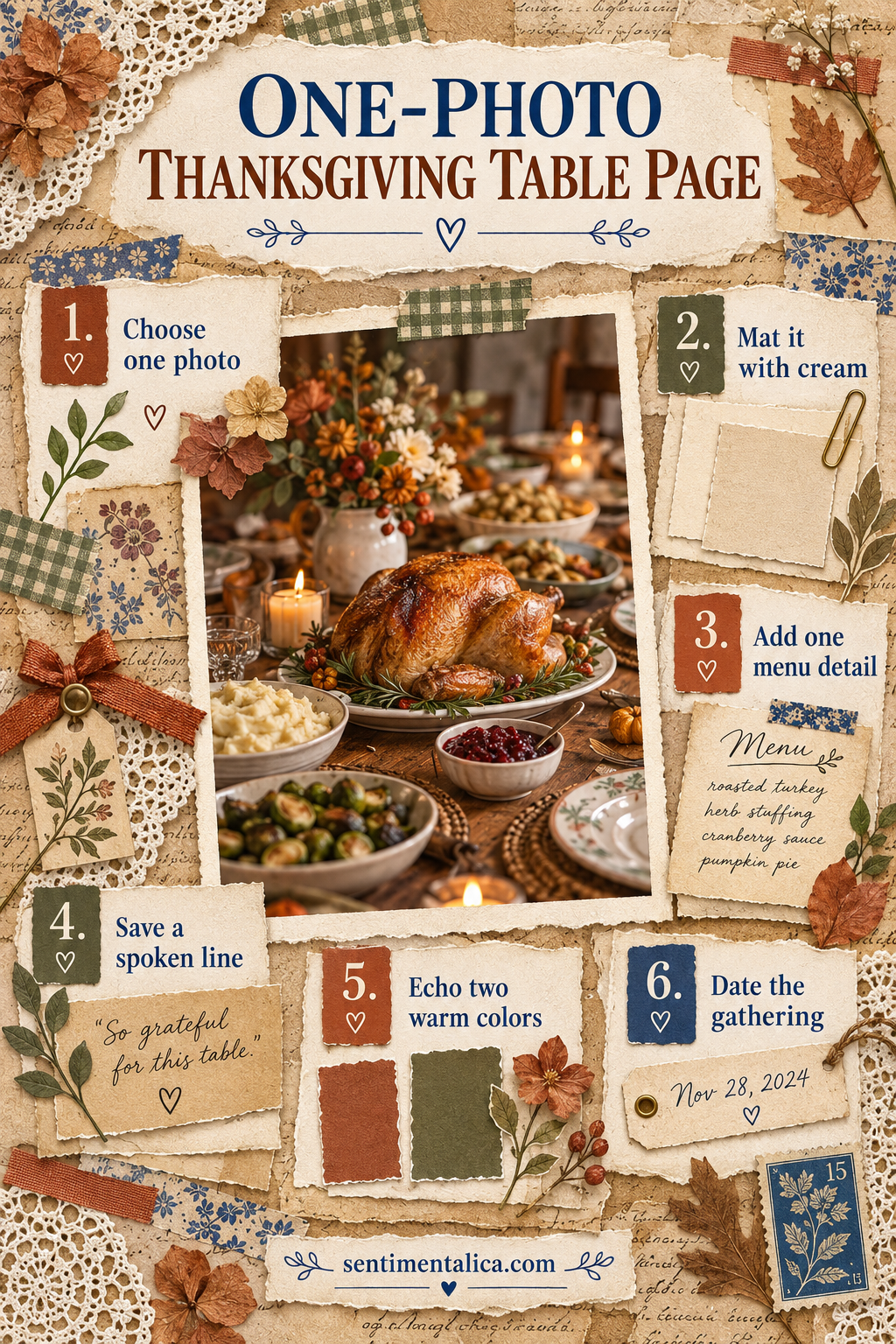 Six-step one-photo Thanksgiving table scrapbook layout guide