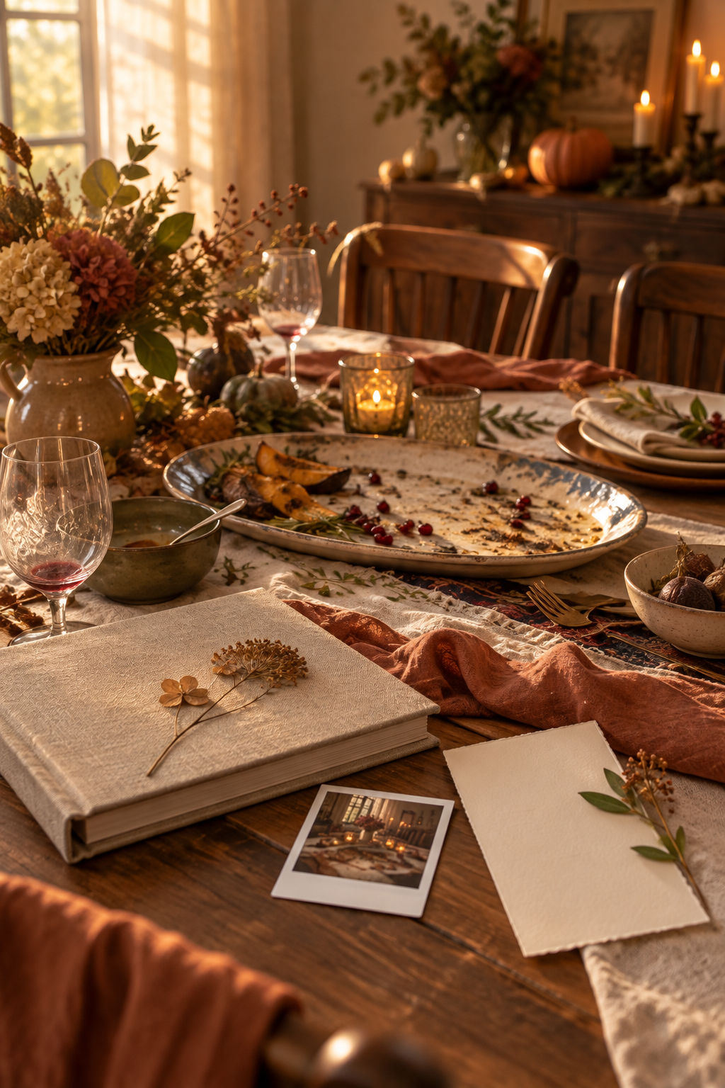 A softly lit Thanksgiving table with a photograph and linen scrapbook nearby