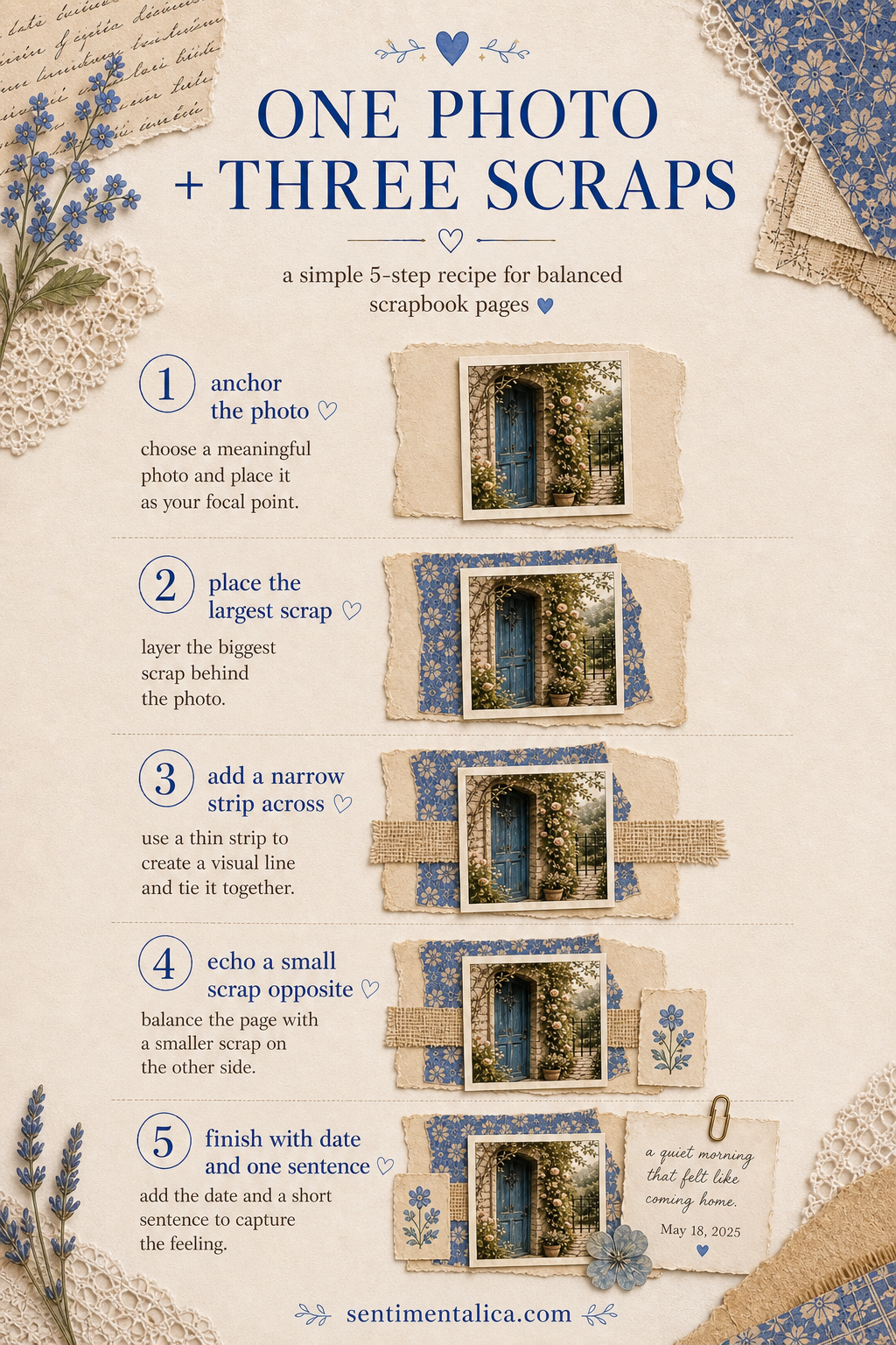 Infographic showing a balanced one-photo three-scrap scrapbook layout
