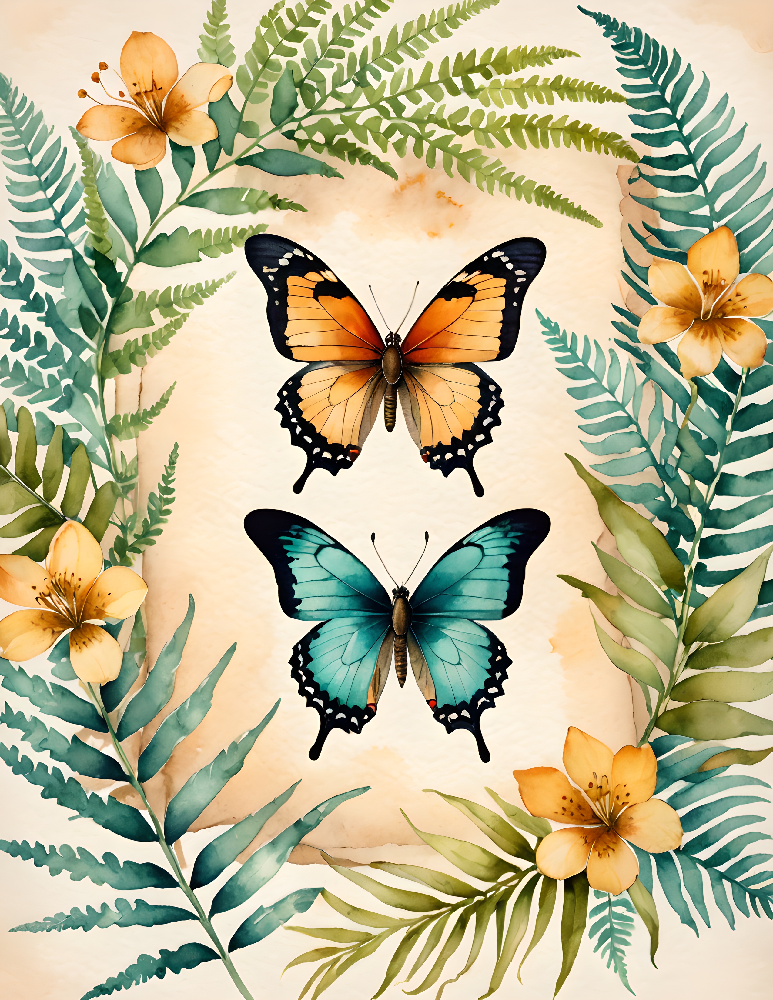 Real Gilded Wing page with orange and teal butterflies surrounded by ferns and flowers