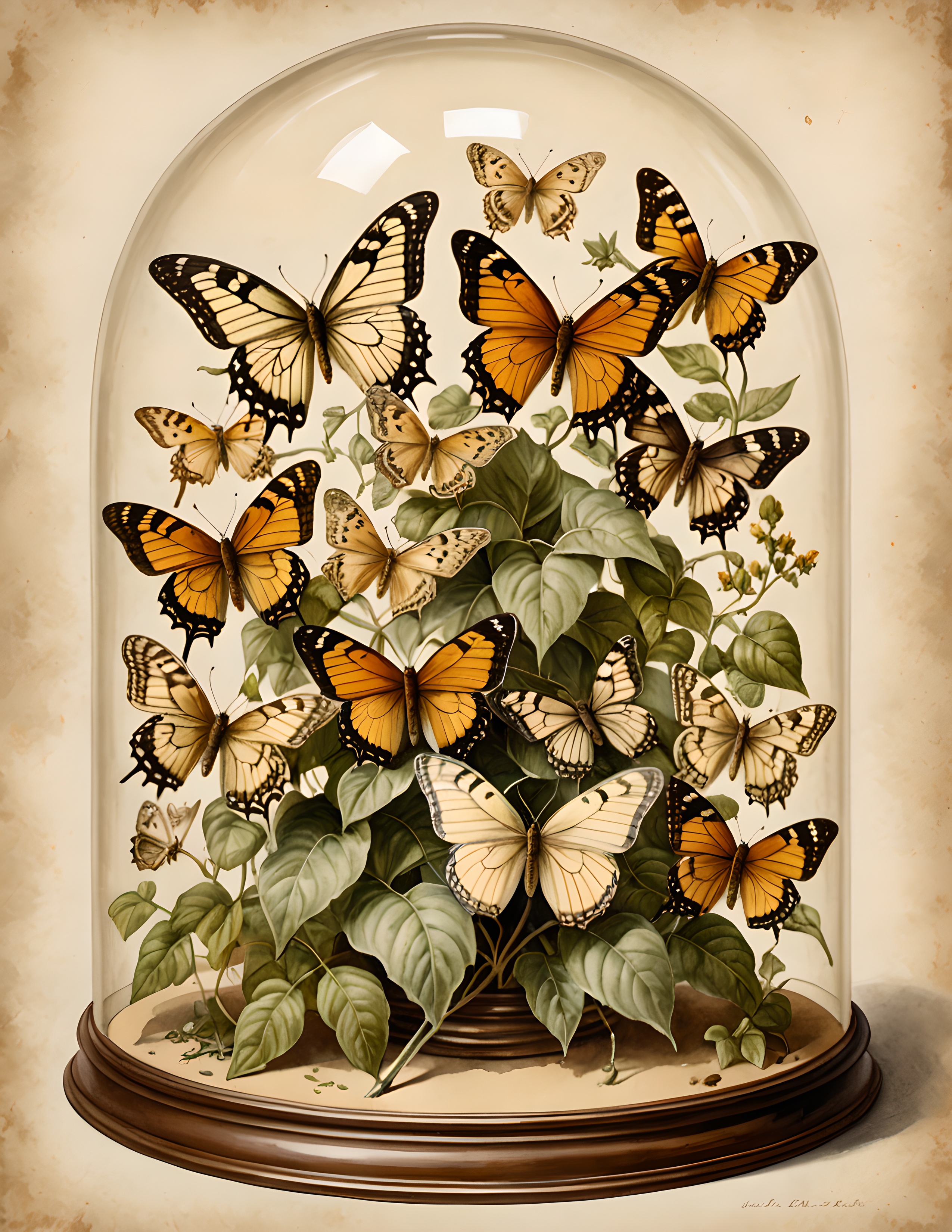 Real Gilded Wing page with layered butterflies and leaves beneath antique glass
