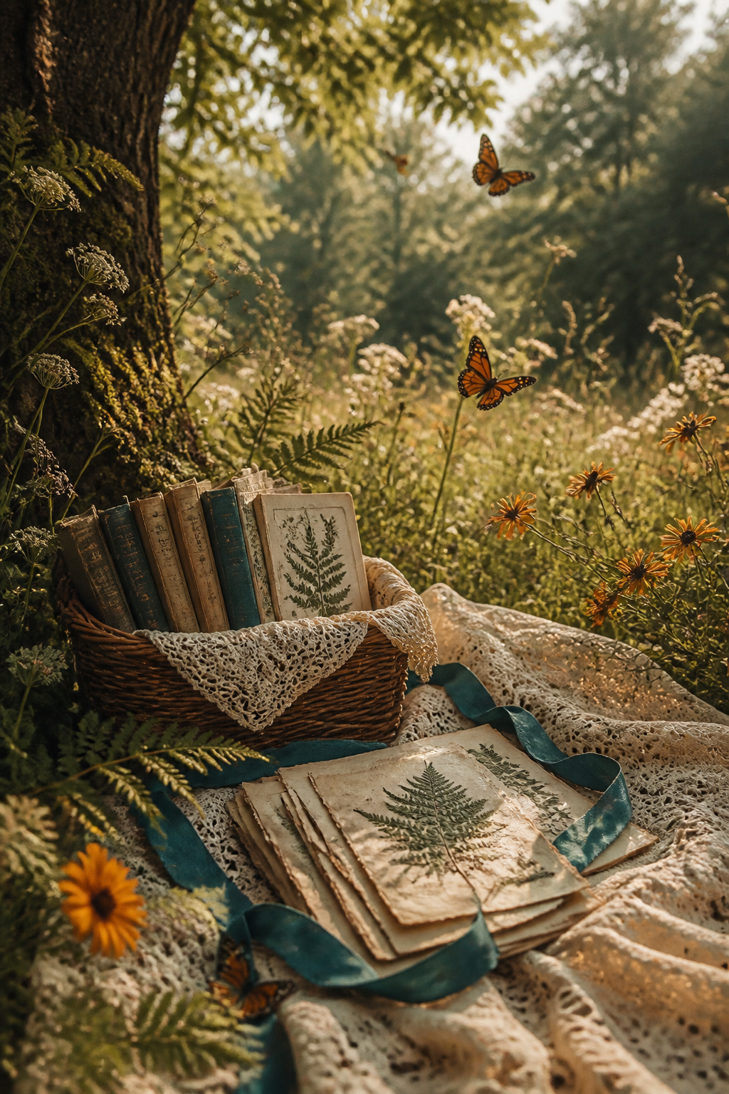 Golden butterfly meadow with antique naturalist books, fern folios, cream lace, and deep teal ribbon