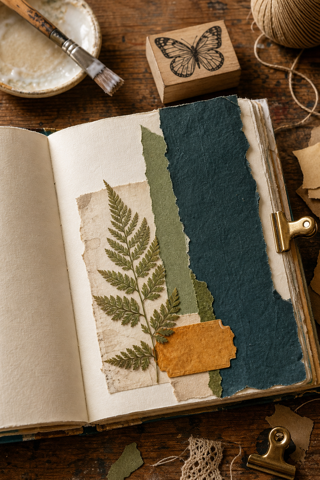 Butterfly journal process scene with cream paper, deep teal, fern green, amber scrap, pressed fern, and a rubber stamp