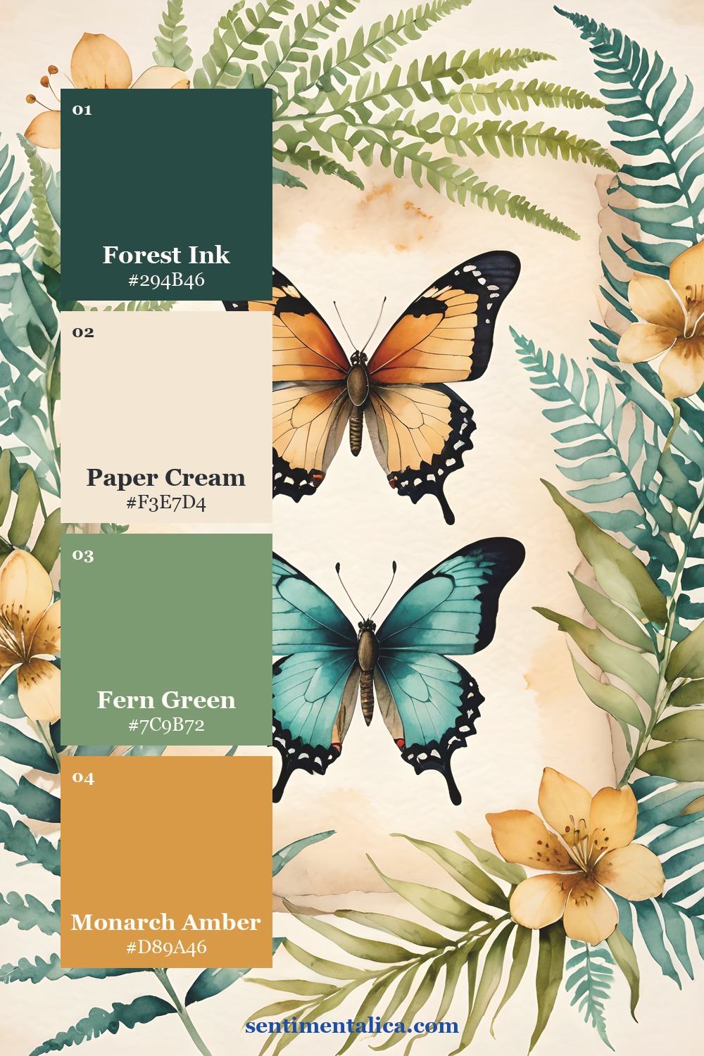 Butterfly botanical palette with forest ink, paper cream, fern green, and monarch amber