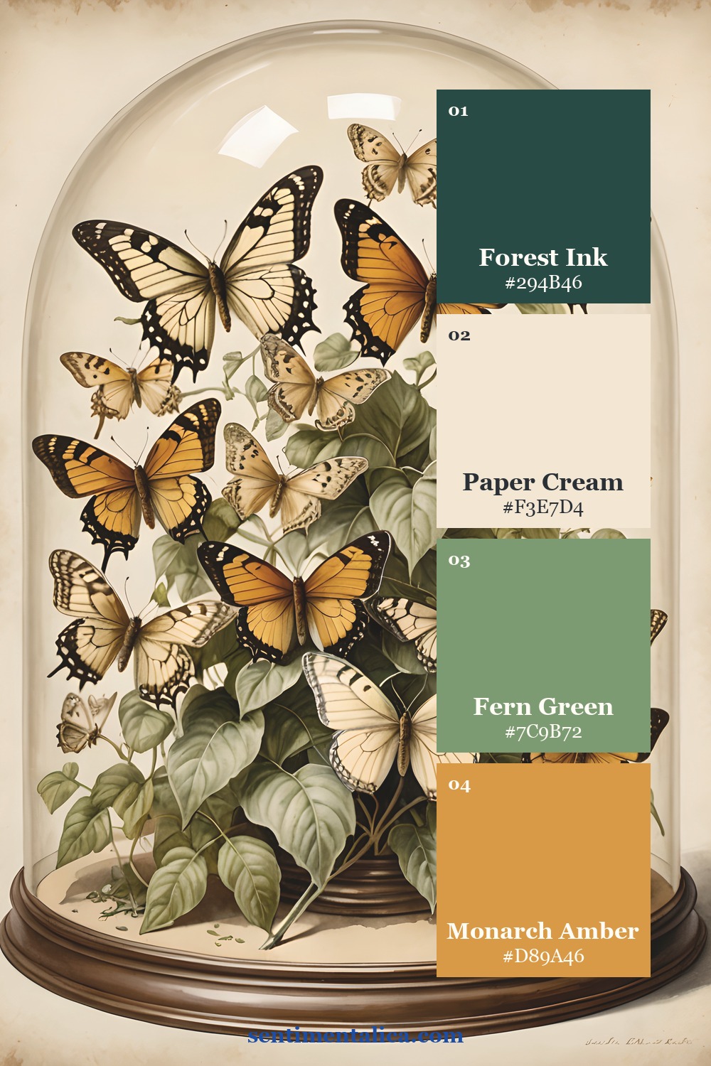 Butterfly terrarium palette with forest ink, paper cream, fern green, and monarch amber