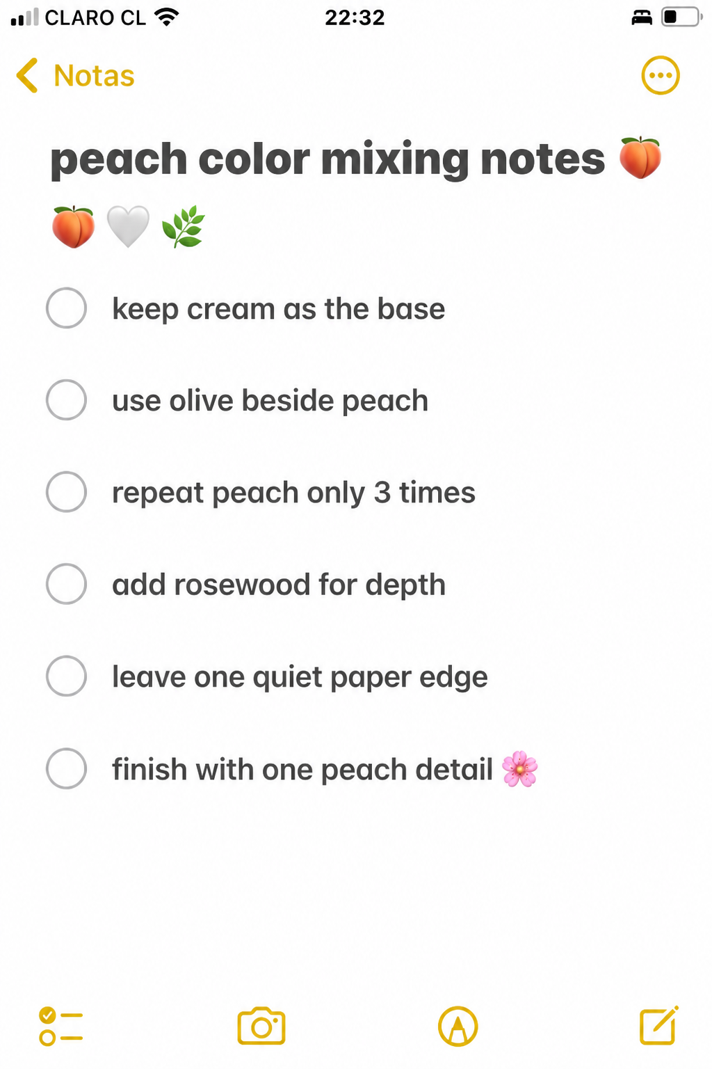 iPhone note listing six practical reminders for mixing peach, cream, olive, and rosewood