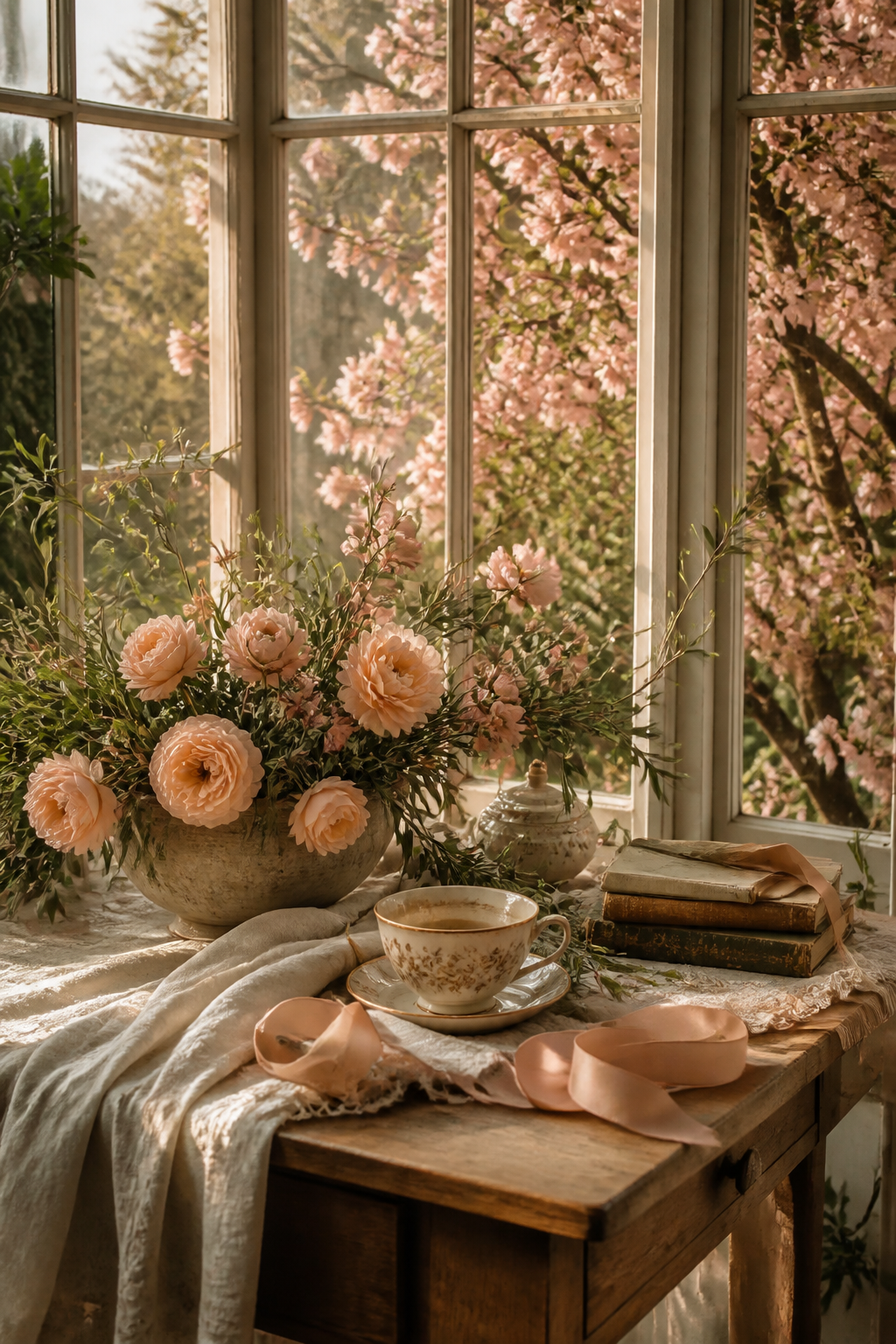 Peach blossom conservatory window with cream linen, peach roses, olive foliage, tea, and vintage books
