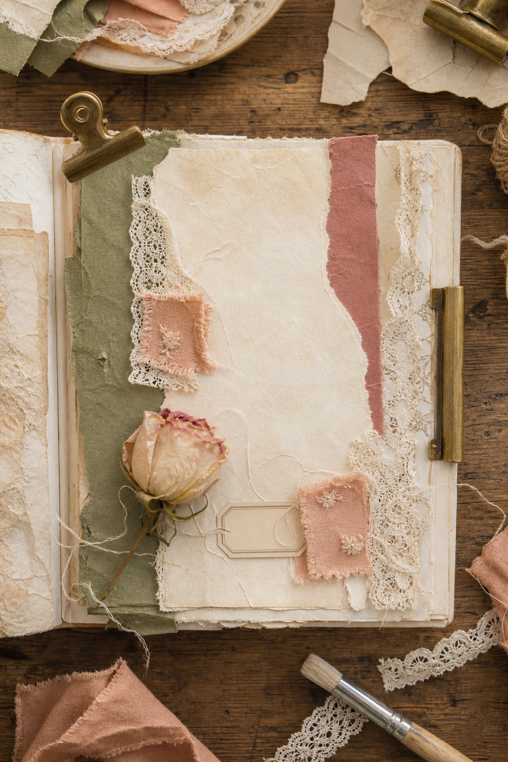 Romantic journal process with cream handmade paper, olive layer, rosewood strip, peach fabric, lace, and a dried rose