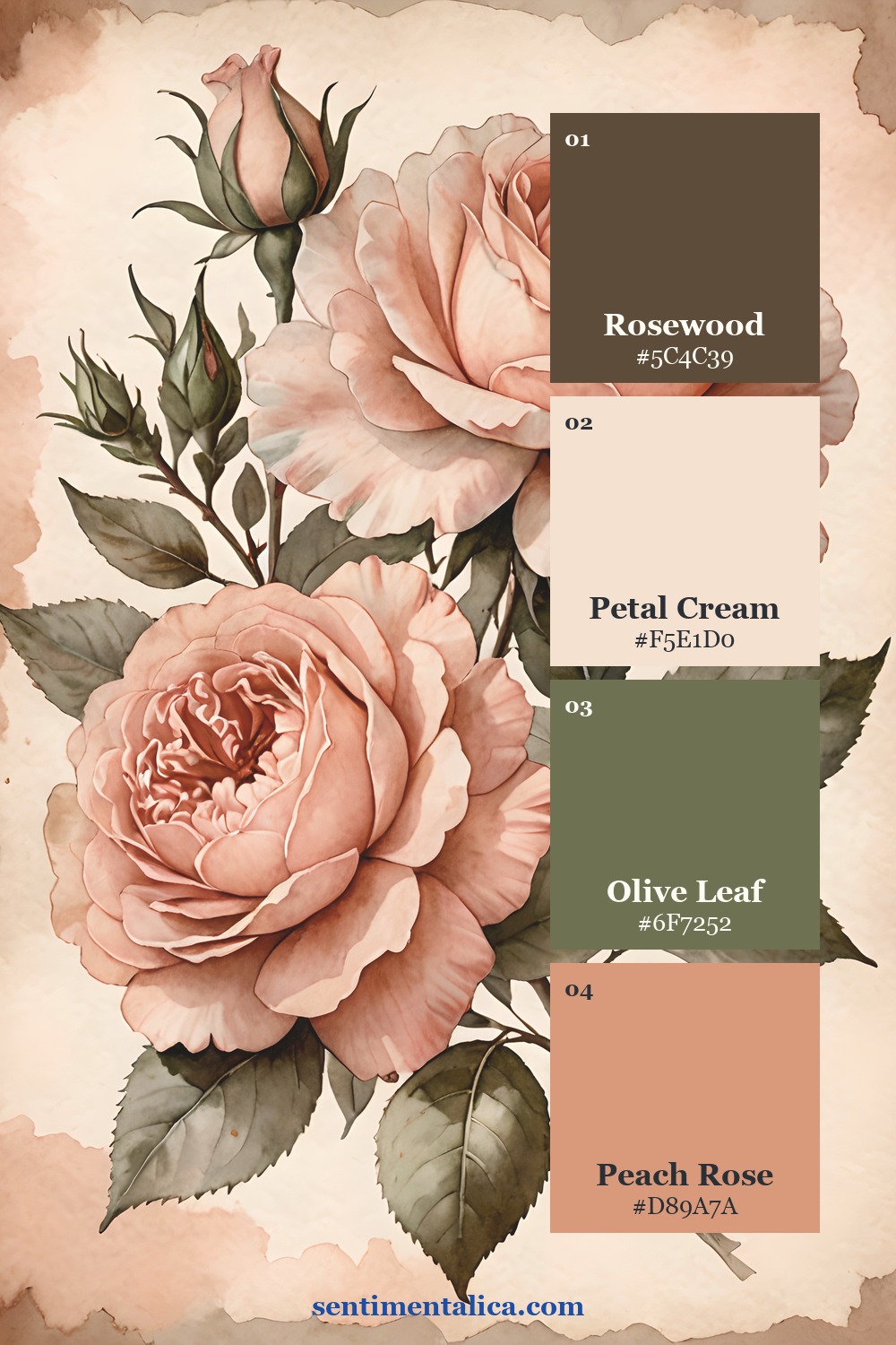 Peach rose bouquet palette with rosewood, petal cream, olive leaf, and peach rose