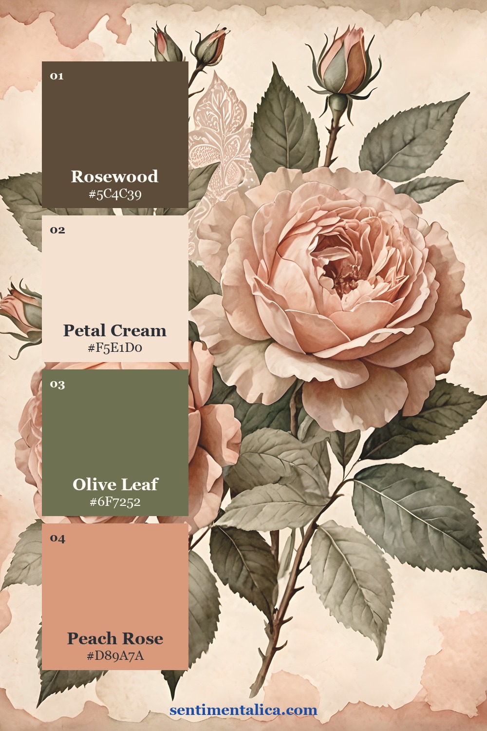Peach rose branch palette with rosewood, petal cream, olive leaf, and peach rose