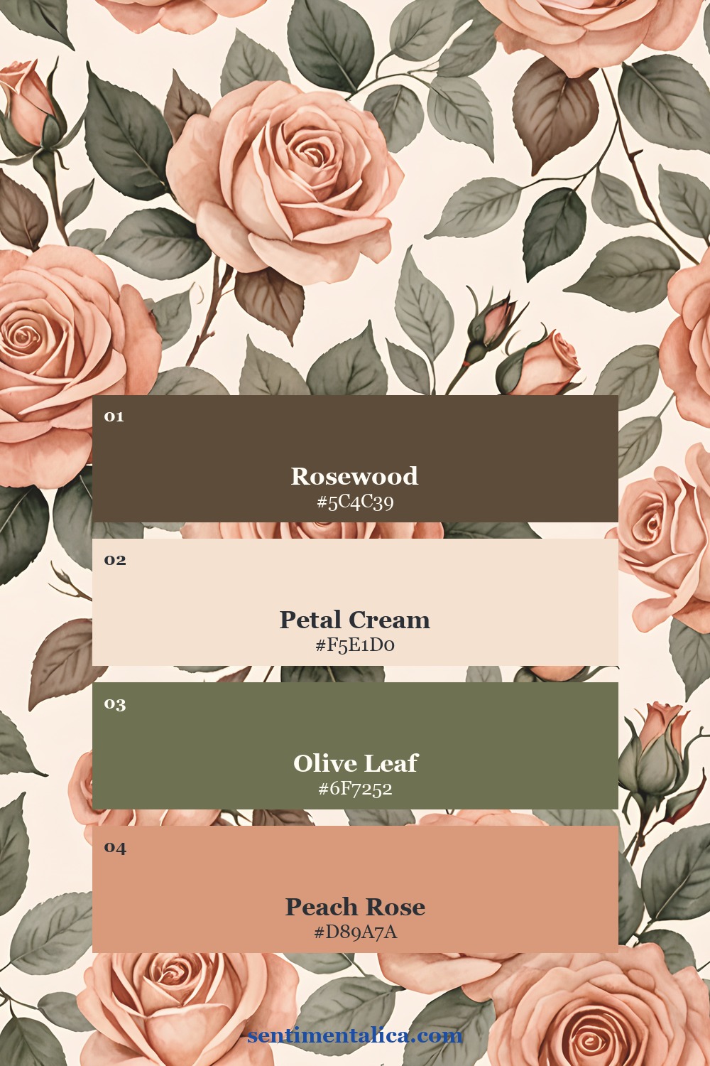 Peach floral pattern palette with rosewood, petal cream, olive leaf, and peach rose