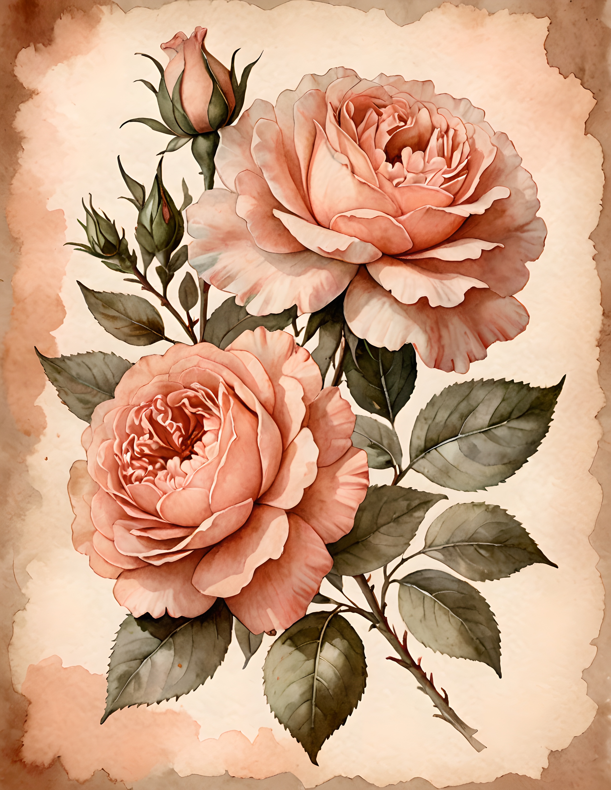 Real Peach Petal page with two large peach roses and deep olive leaves