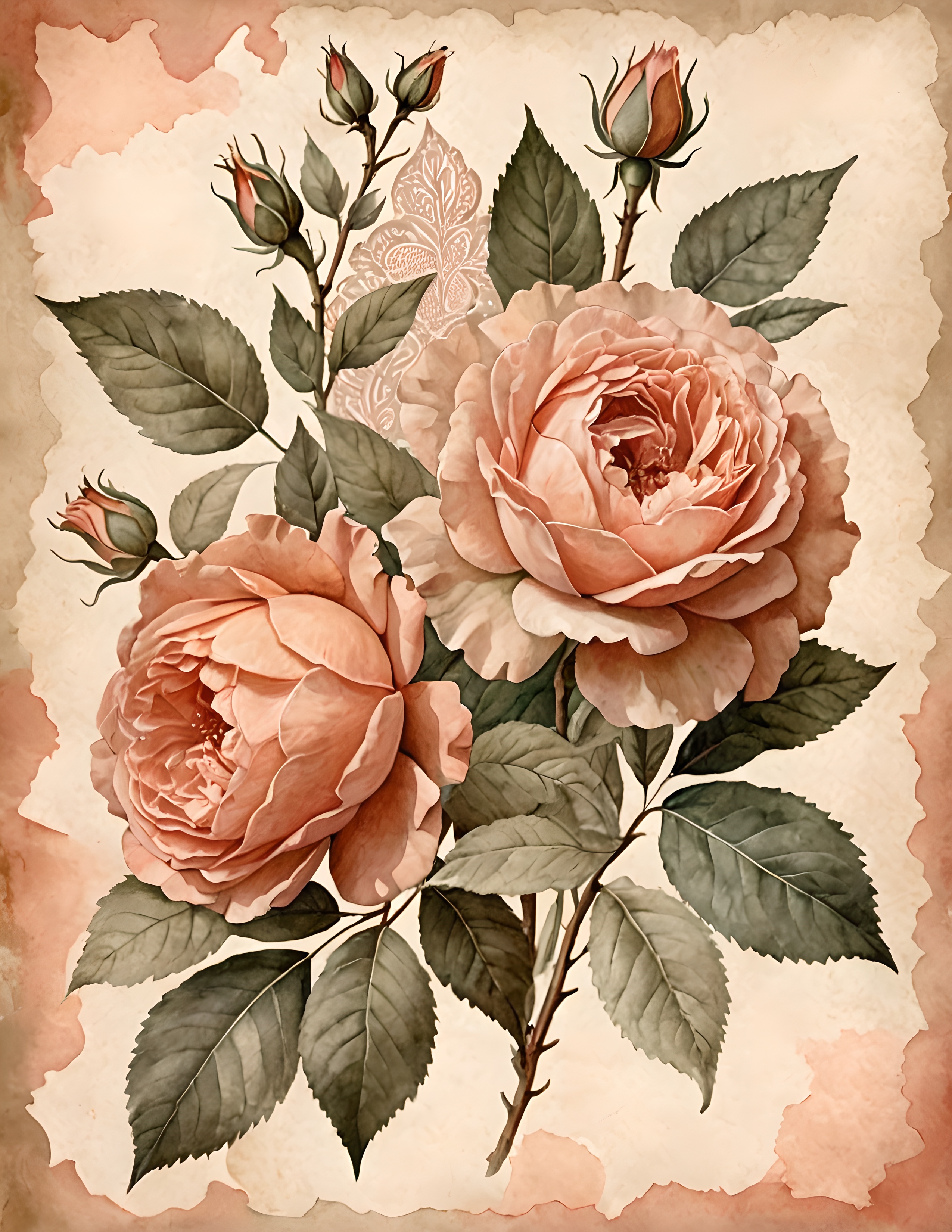 Real Peach Petal page with a vintage peach rose branch on warm aged paper