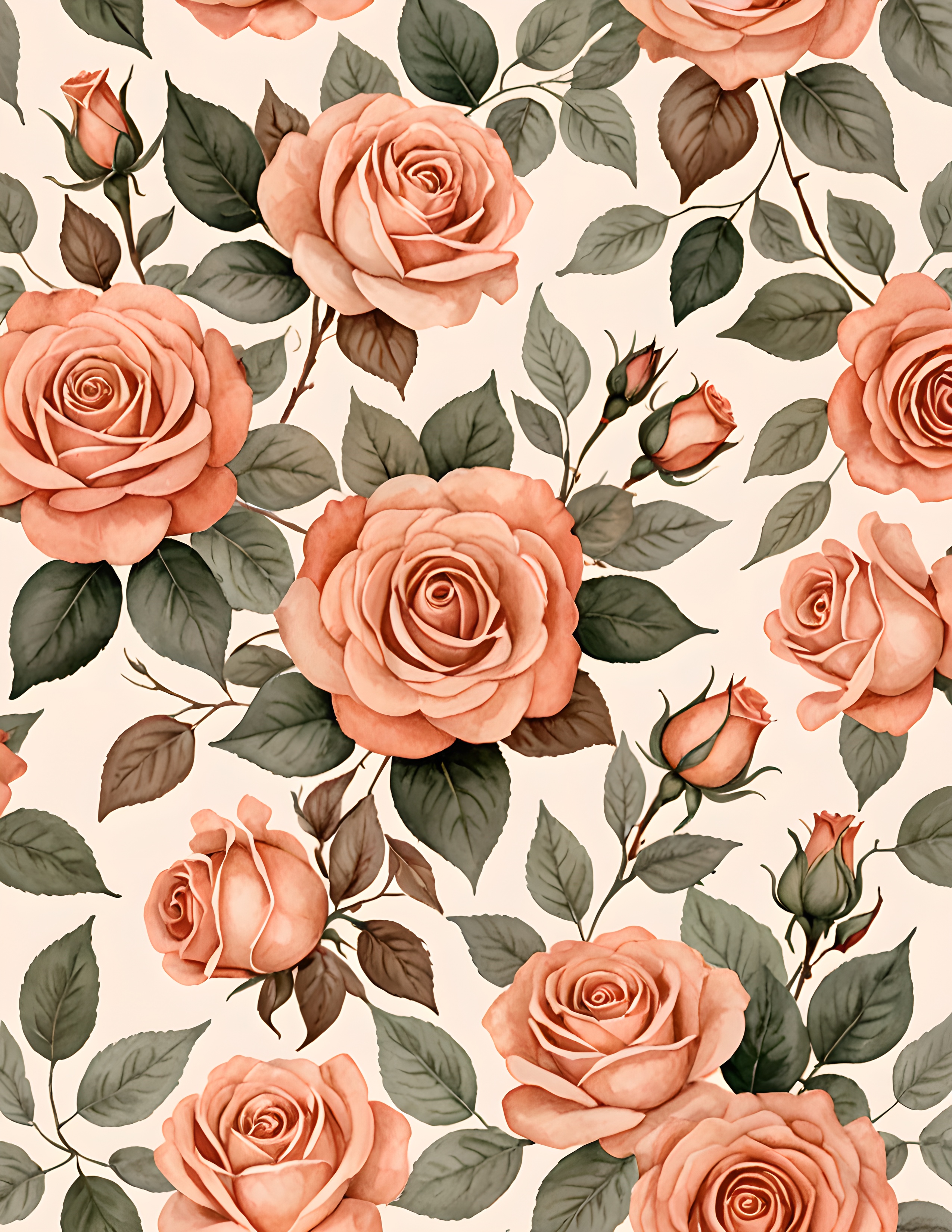 Real Peach Petal page with repeating peach roses and muted green leaves