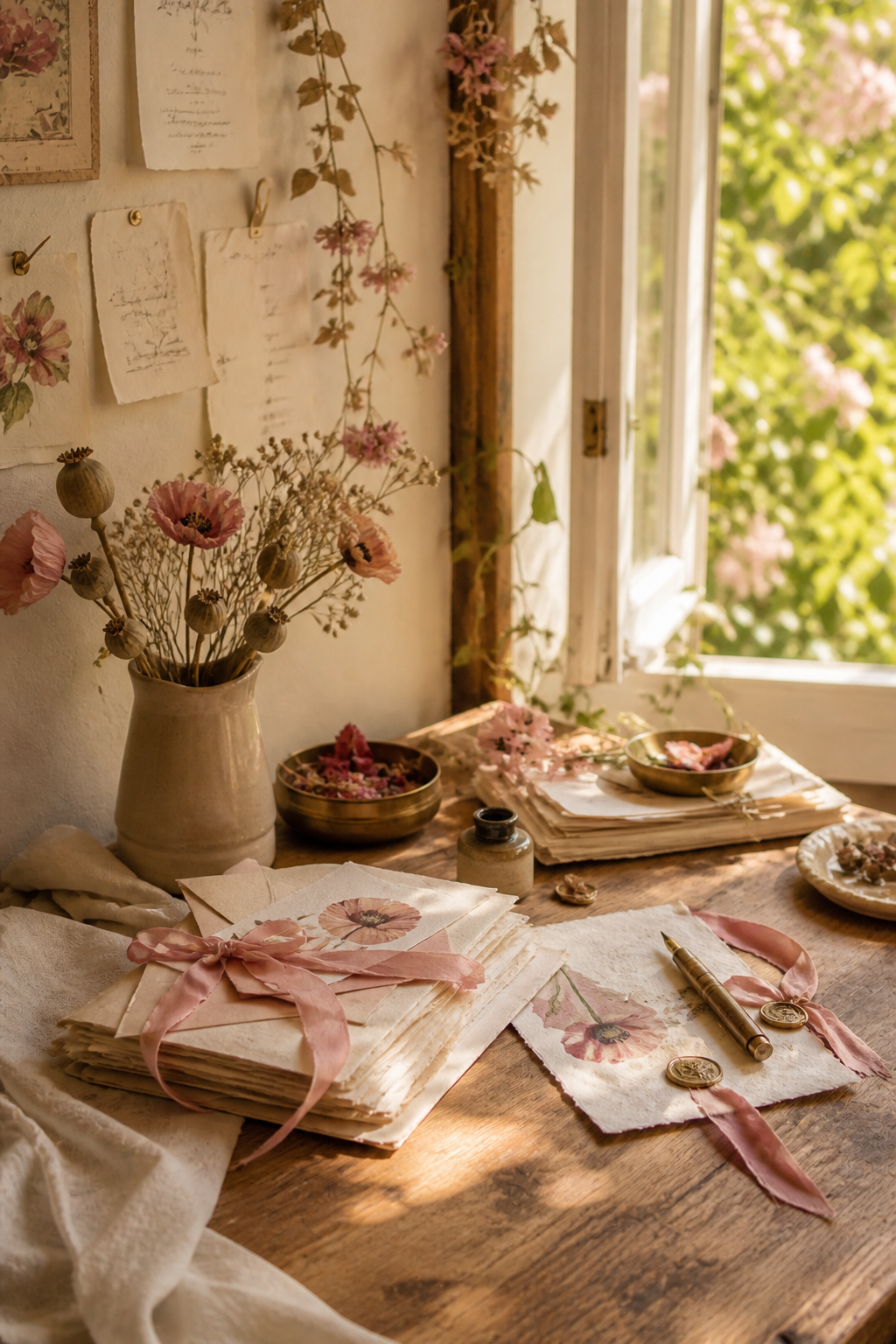 Sunlit floral journal desk with petal pink paper, ivory sheets, dried poppies, and gold details