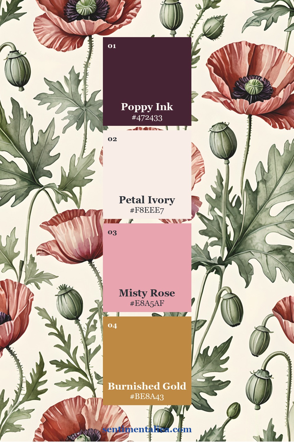 Petal Mist poppy watercolor page with poppy ink, ivory, misty rose, and burnished gold swatches