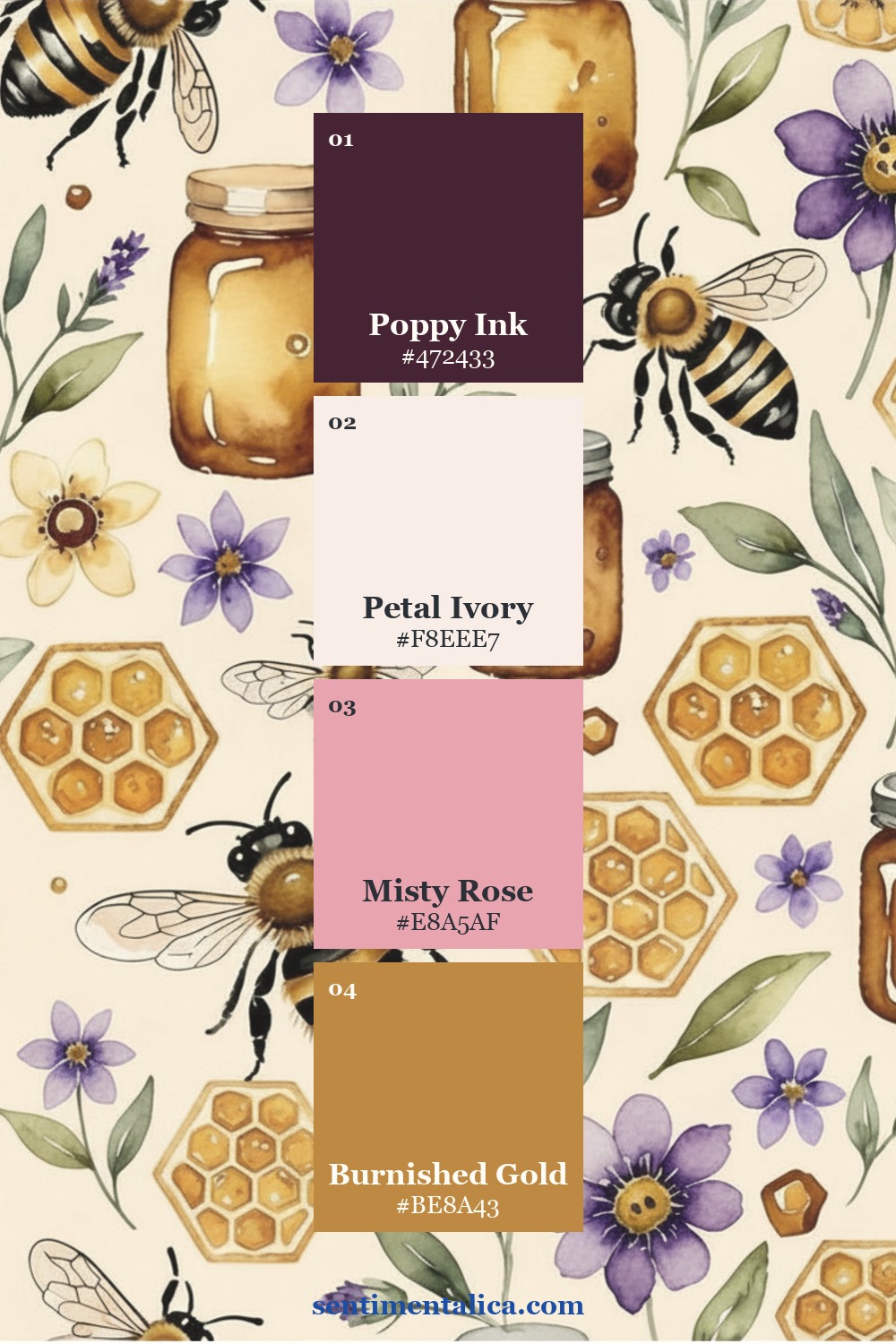 Petal Mist blush and gold watercolor page with four coordinated palette swatches