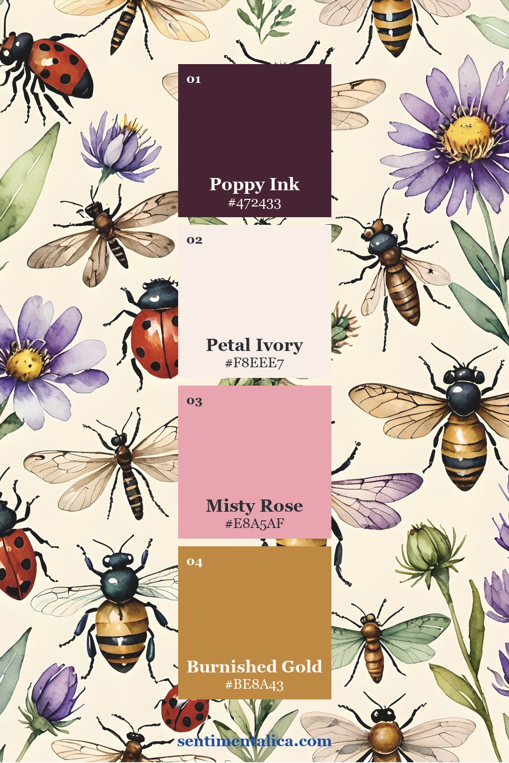 Petal Mist floral watercolor page with ivory, rose, dark poppy, and gold palette swatches