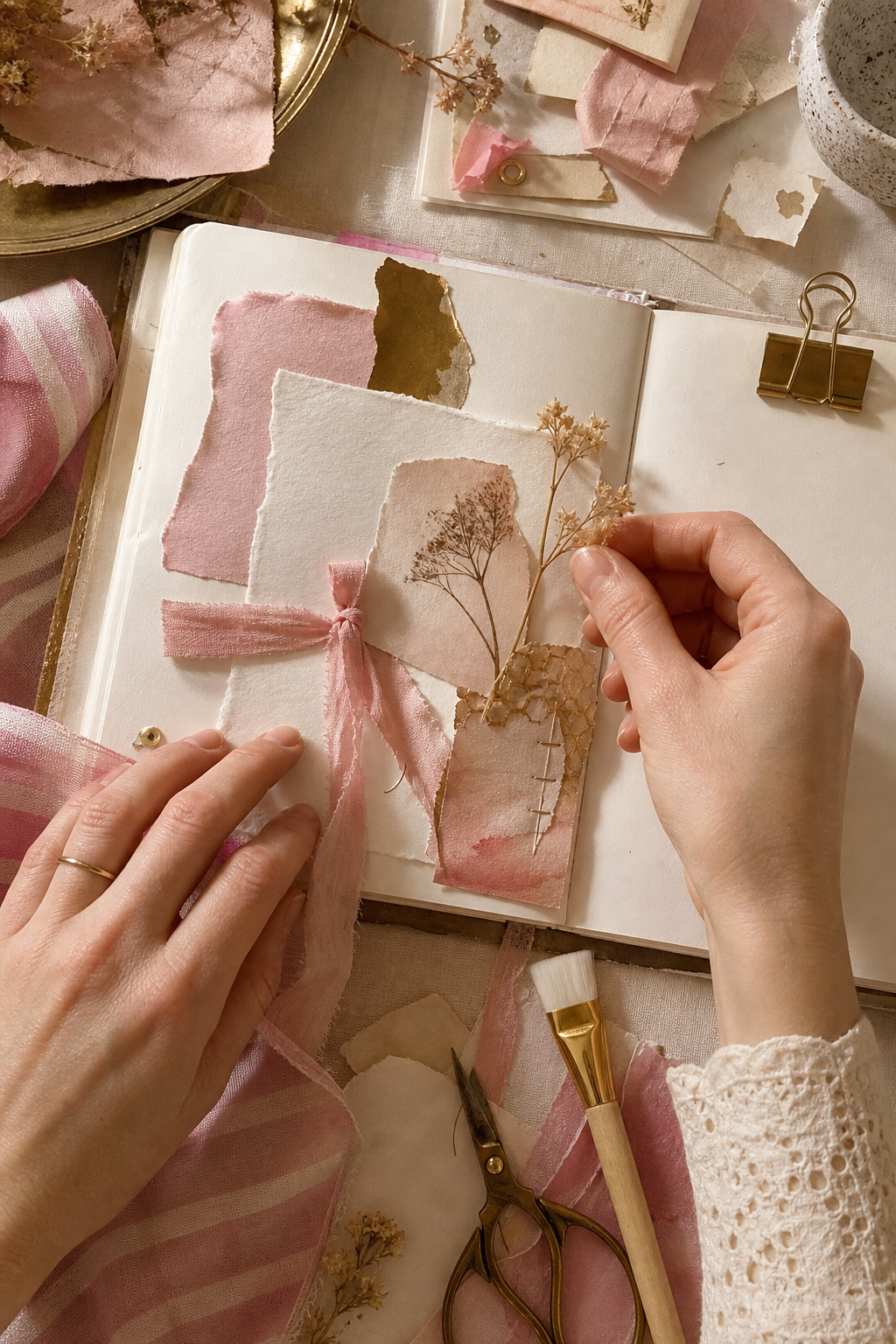 Hands layering ivory and misty rose paper, ribbon, gold, and dried flowers in a journal