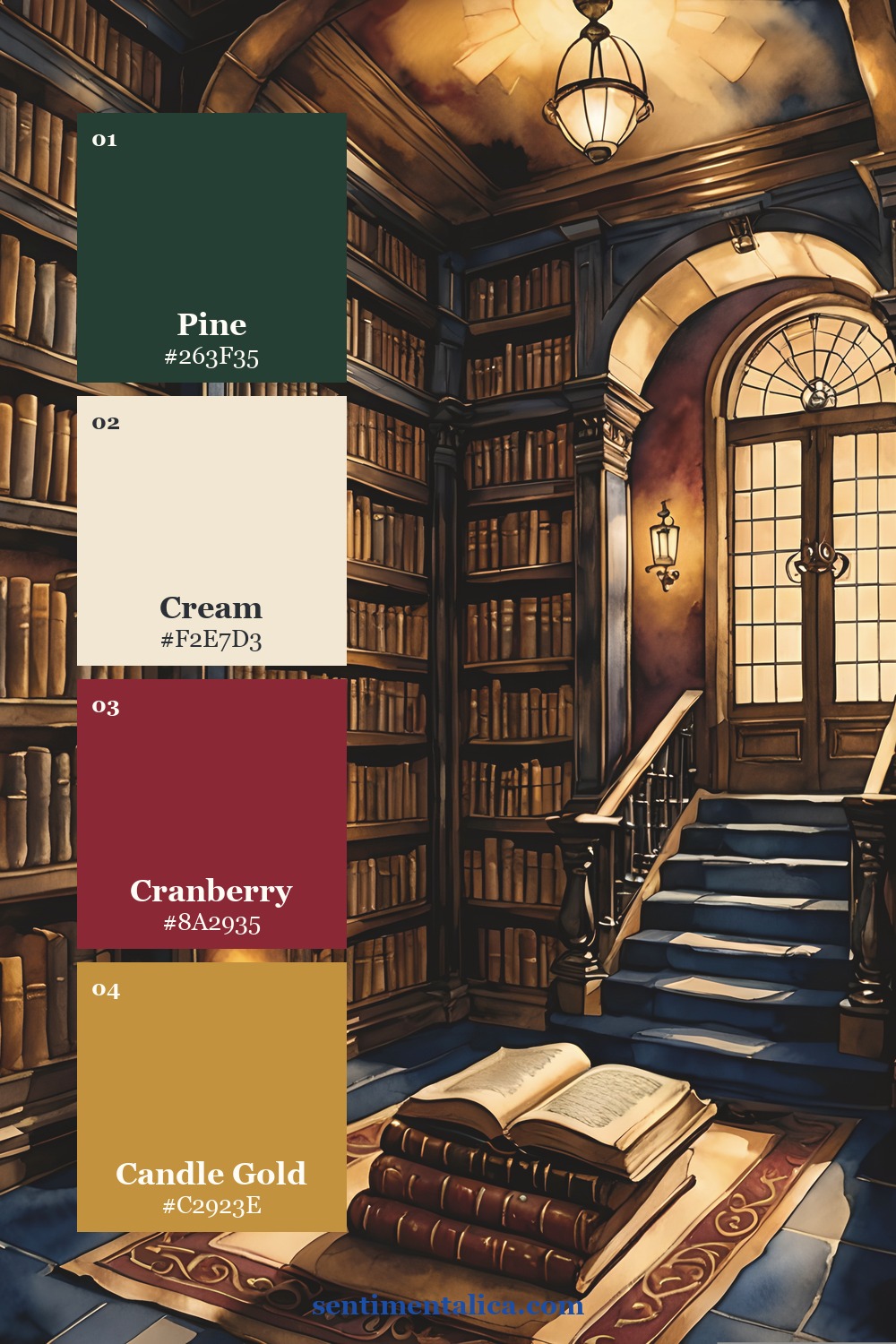 Labeled four-color palette for pine, cranberry, candle gold and cream for christmas pages