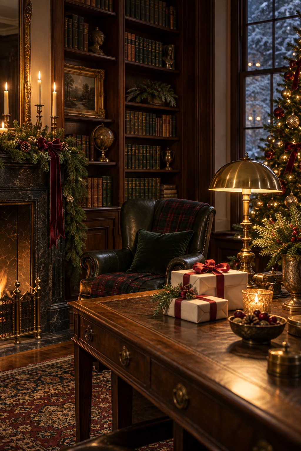 Candlelit Christmas library using pine green, cranberry red, antique gold, and warm cream.