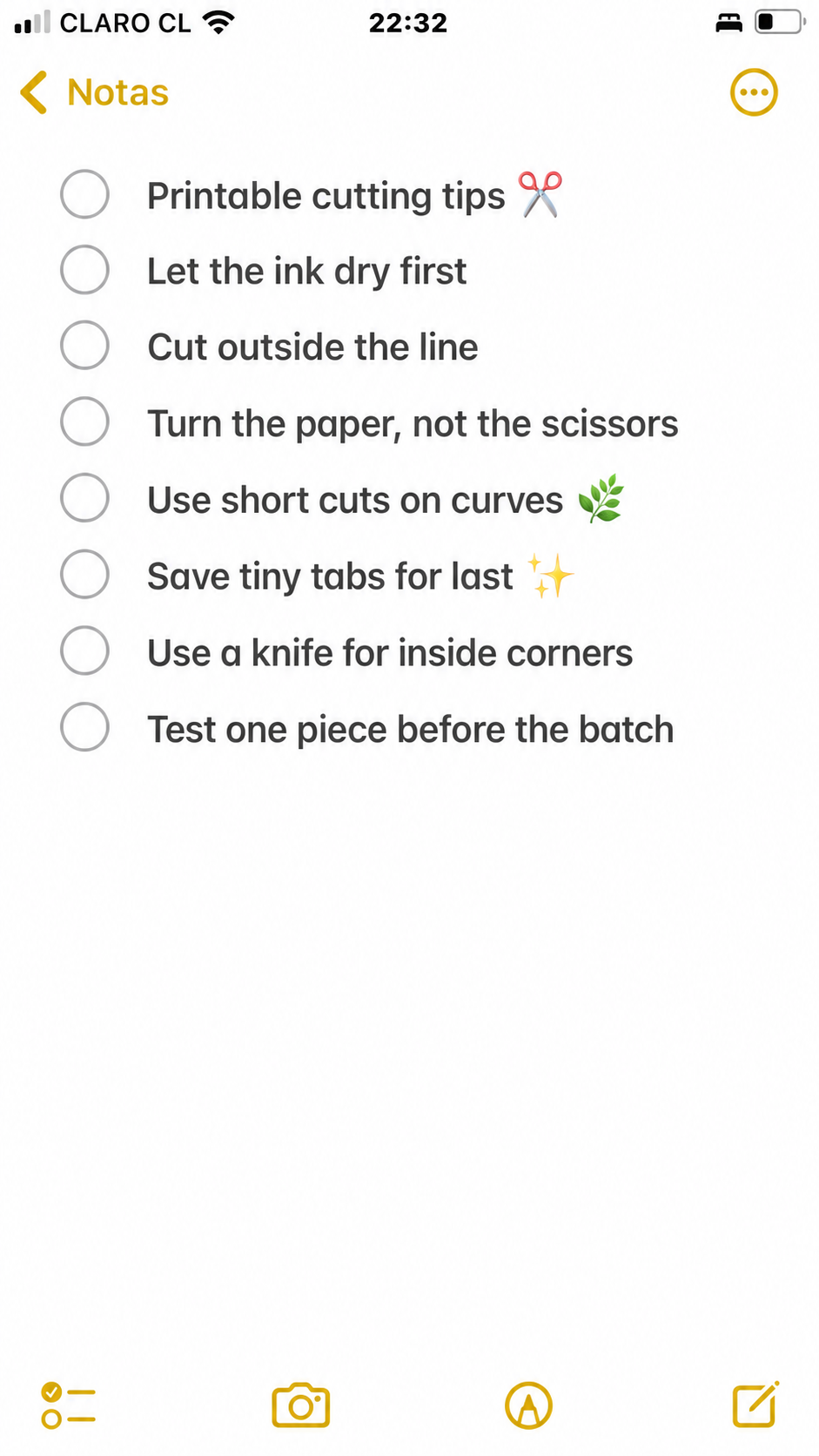 Cute iPhone Notes checklist with seven printable cutting tips