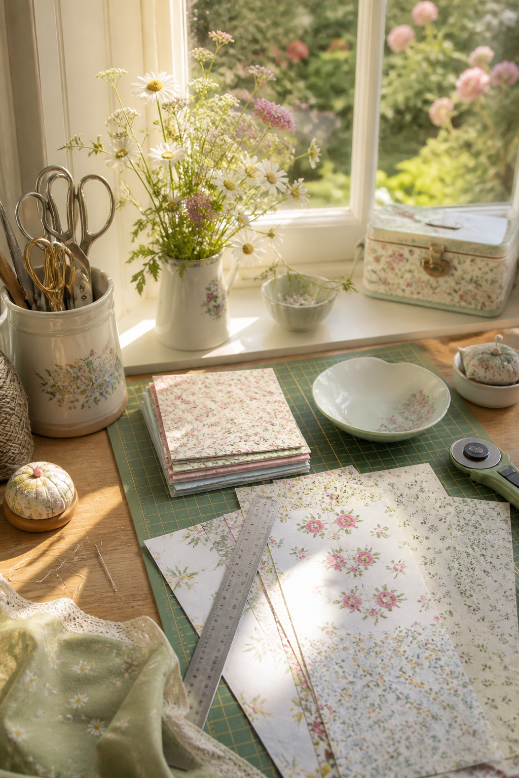 Sunny cottage cutting workspace with scissors, metal ruler, cutting mat, and floral paper
