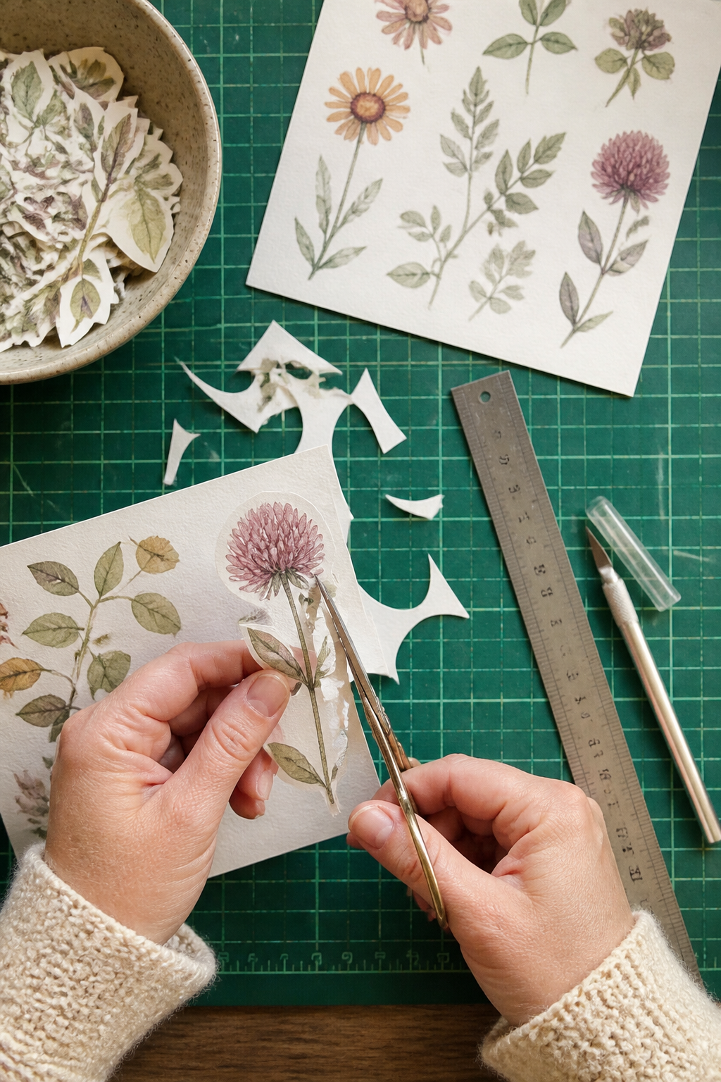 Hands turning botanical paper while making controlled curved cuts with small scissors