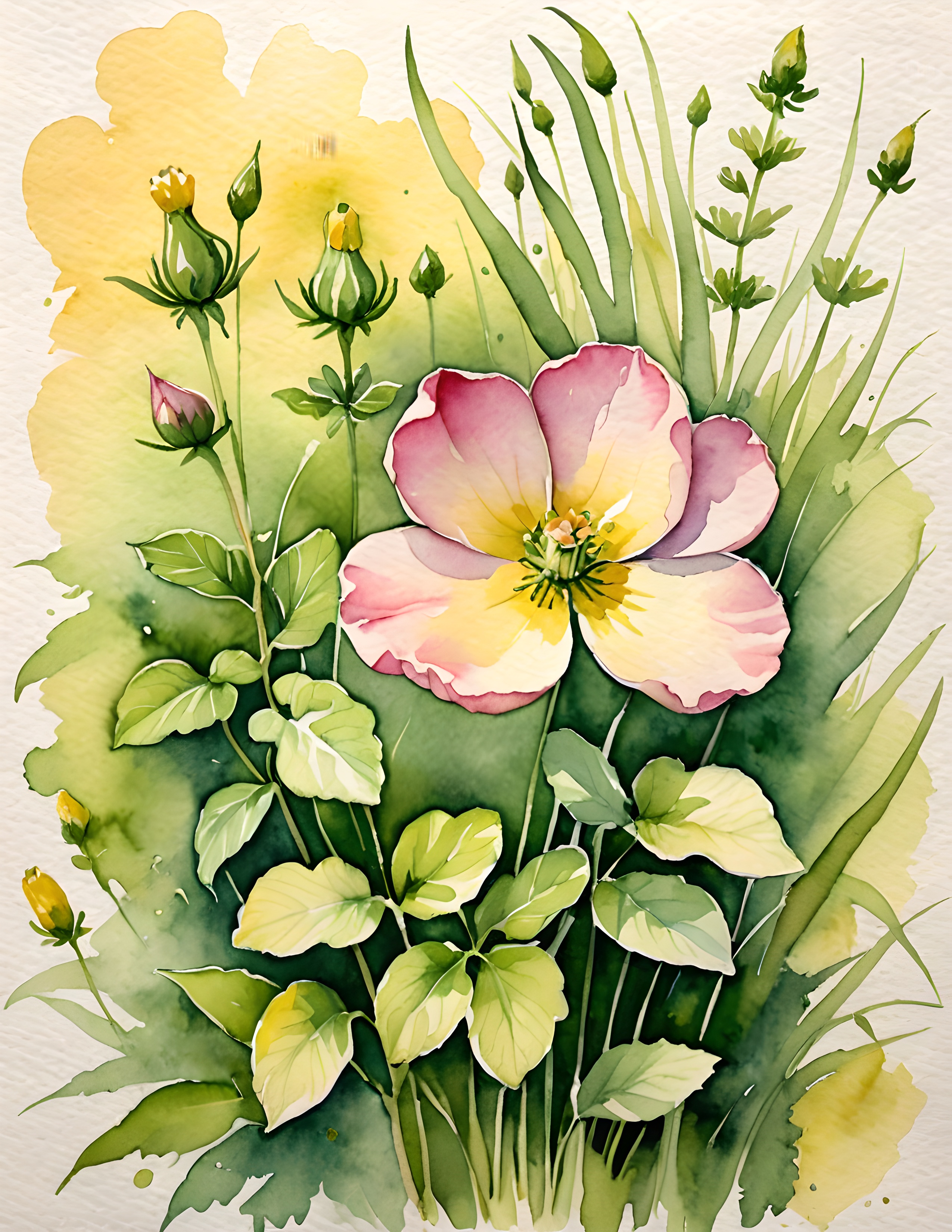 Real Meadow Flutter printable page with a large flower and green botanical wash