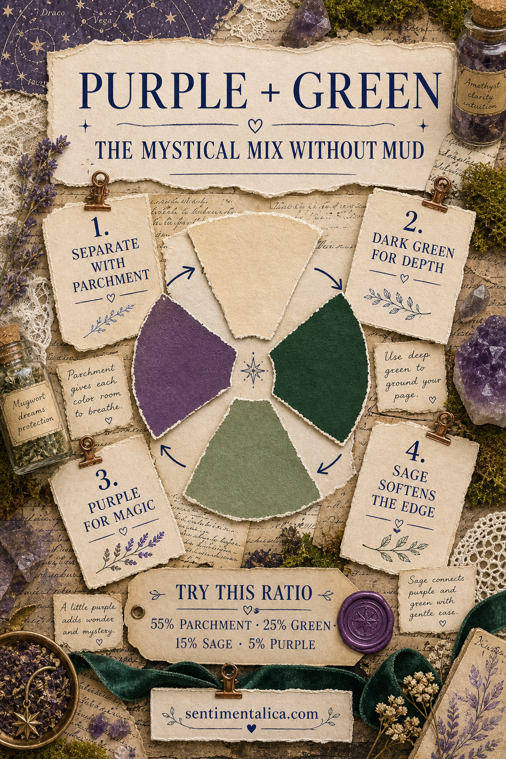 Purple and green mystical color wheel showing parchment, bottle green, moss sage, and potion plum