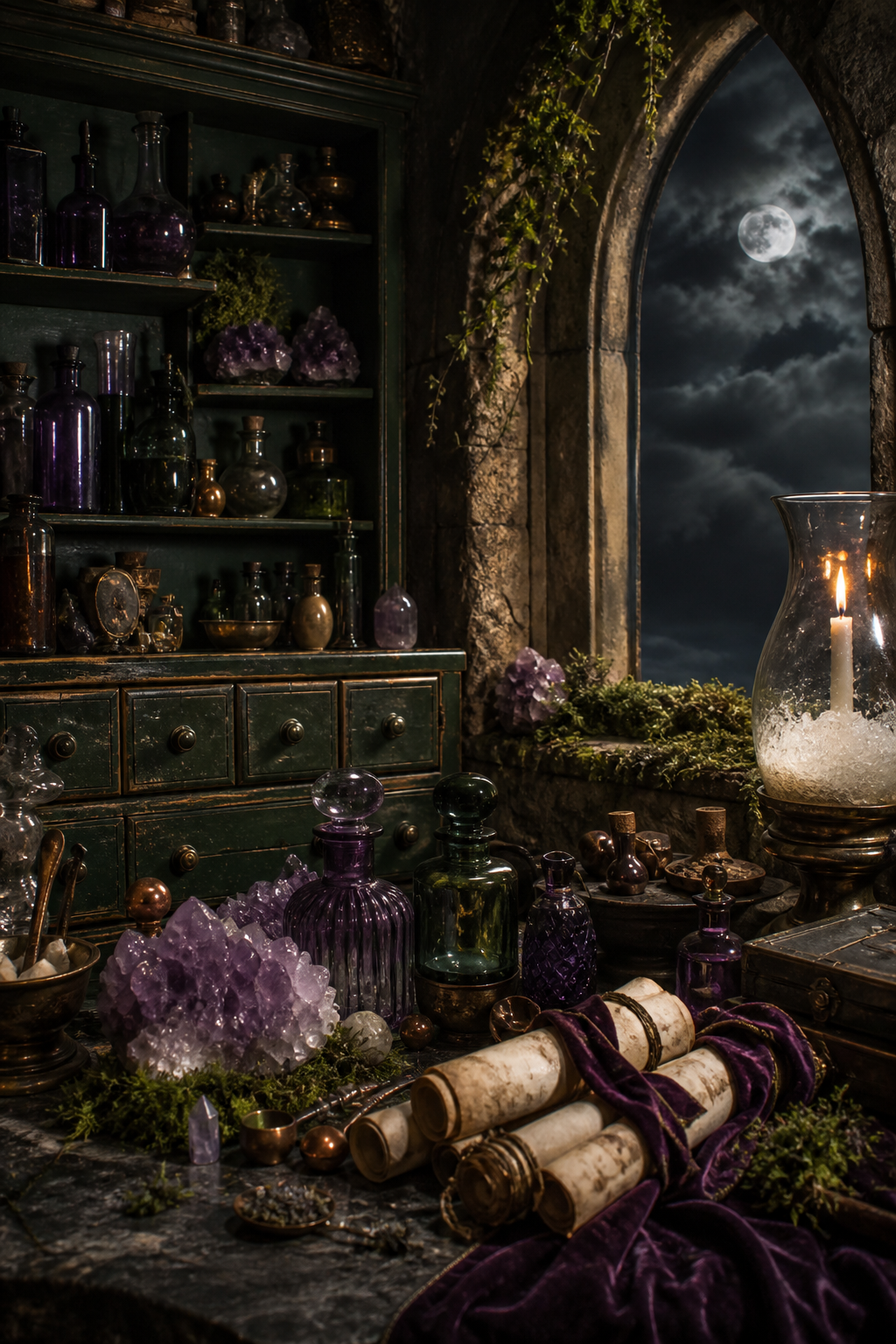 Moonlit apothecary alcove with bottle-green cabinet, violet glass, amethyst, moss, parchment, and candlelight