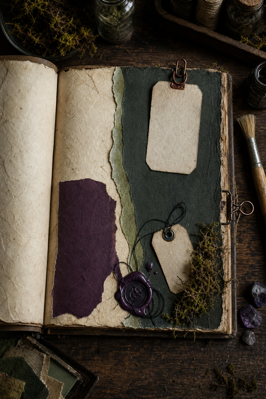 Mystical journal process with parchment, bottle green, moss sage, potion plum, blank tags, copper clips, wax seal, and moss