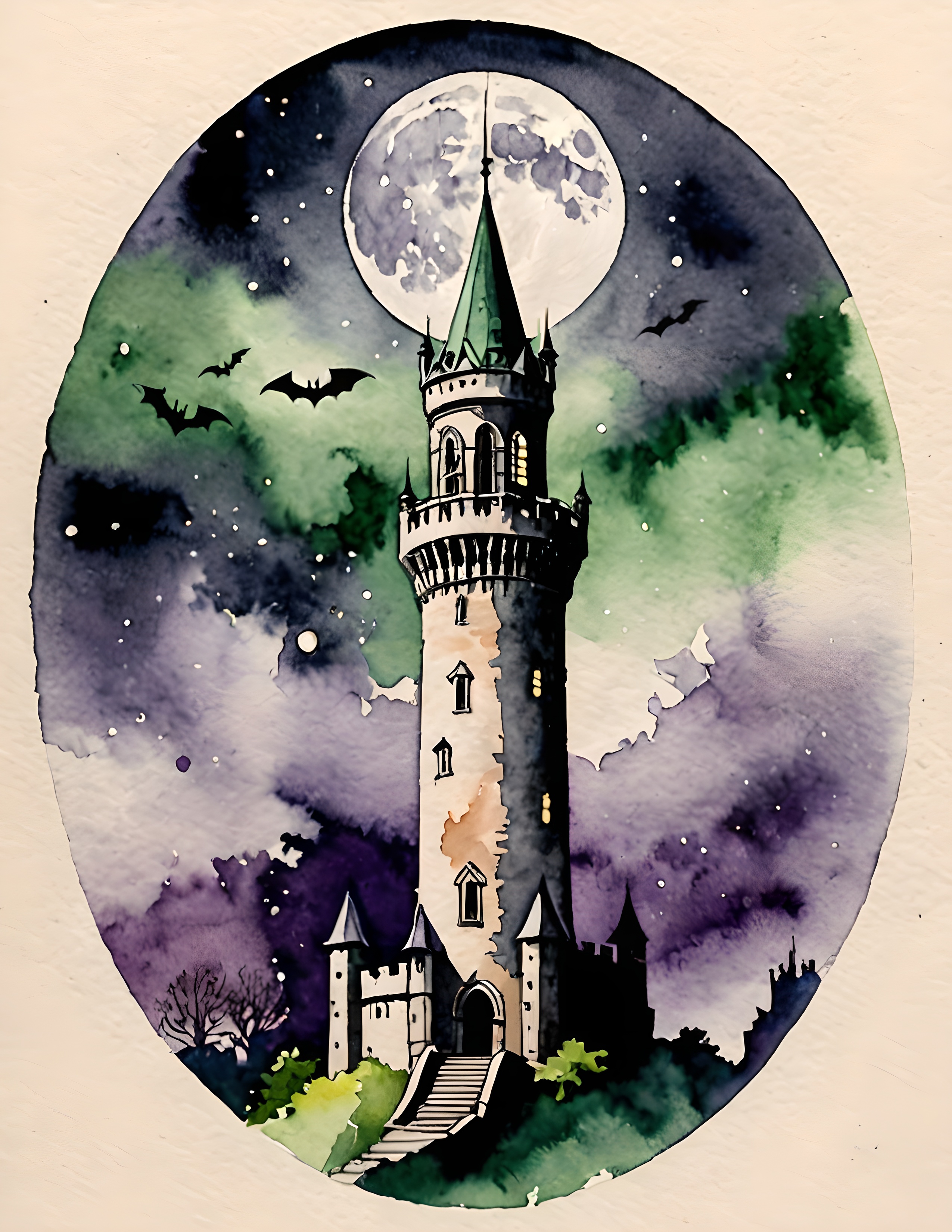 Real Magic Bottle page with a moonlit tower in purple, green, and parchment tones