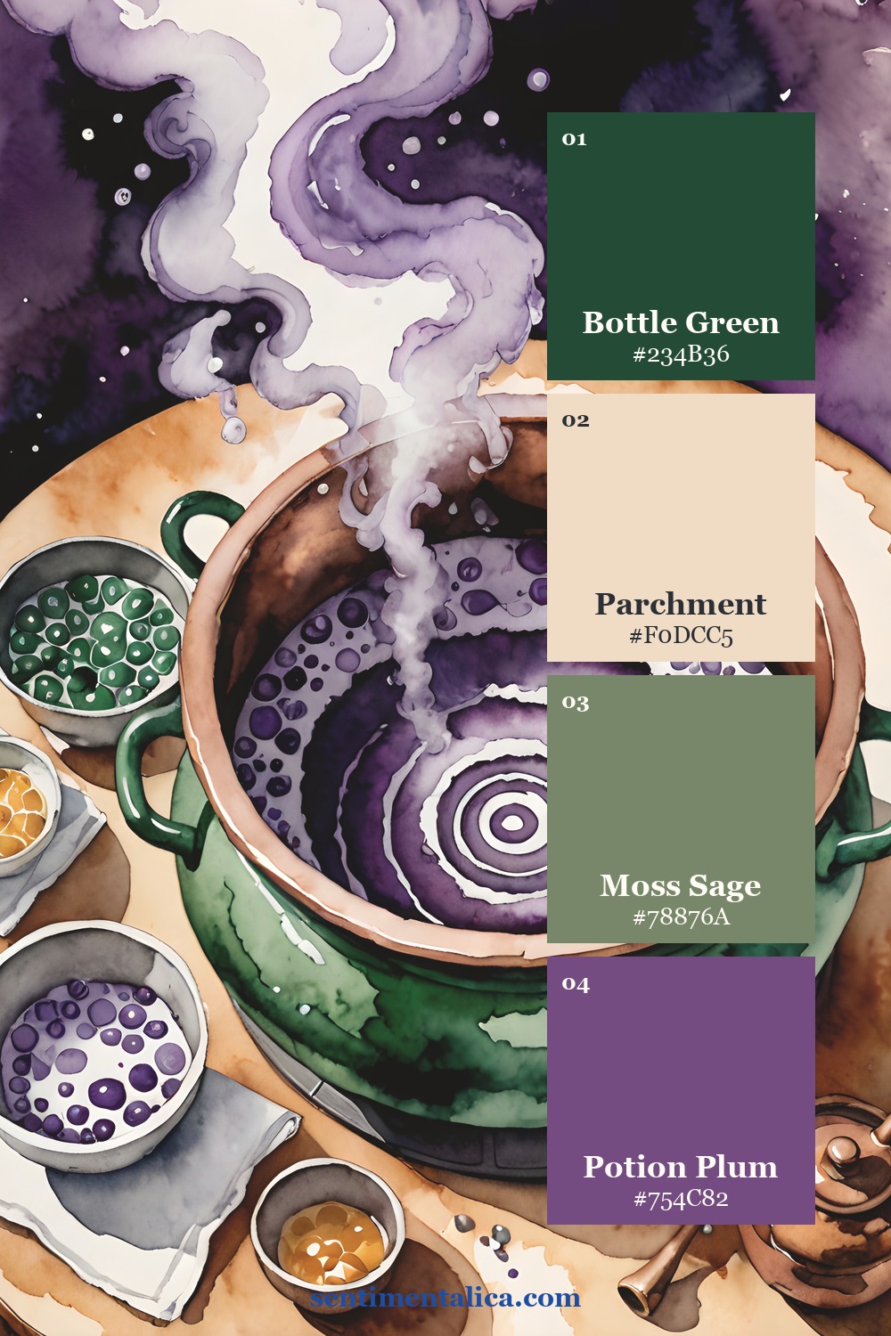 Mystical cauldron palette with bottle green, parchment, moss sage, and potion plum