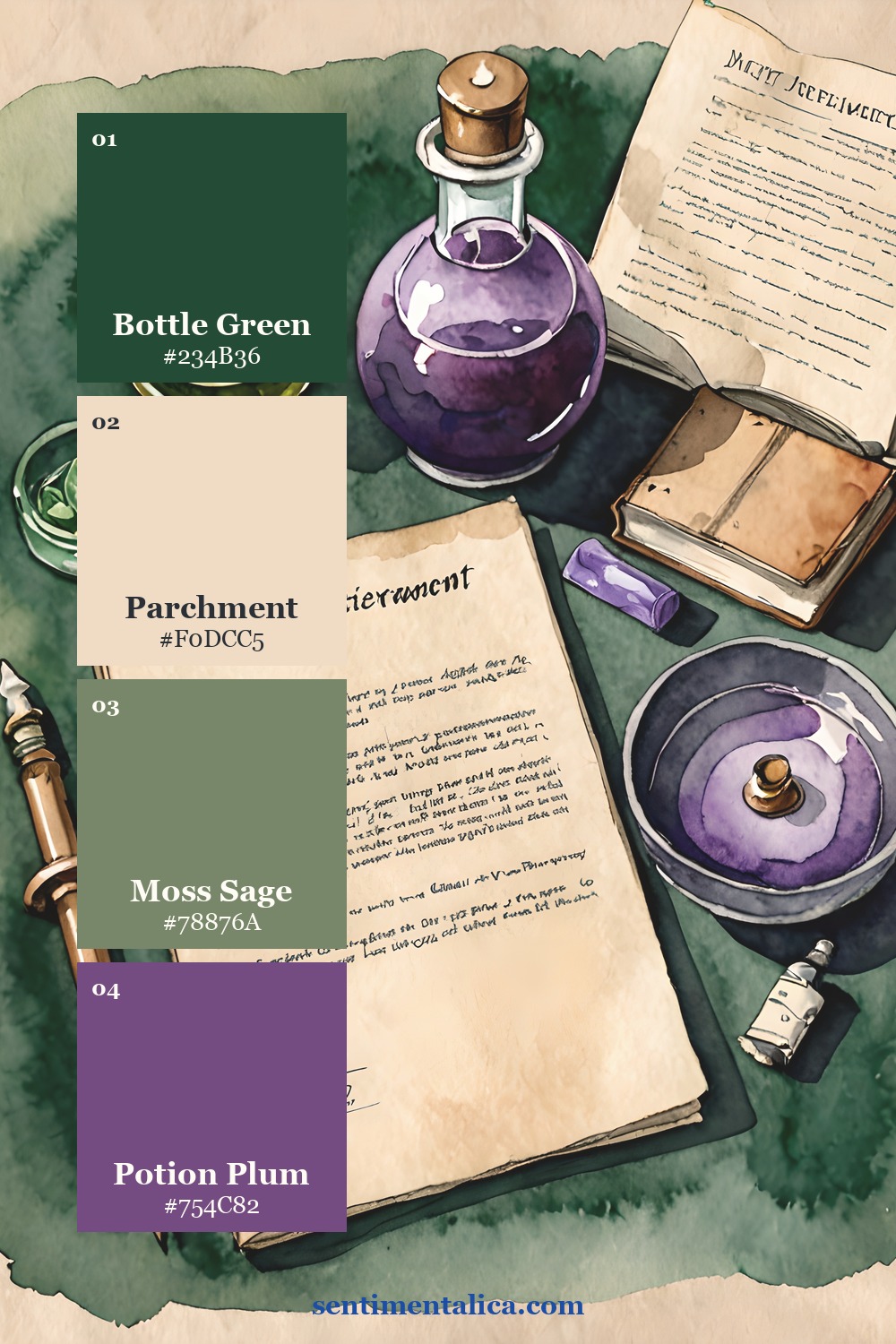 Mystical worktable palette with bottle green, parchment, moss sage, and potion plum