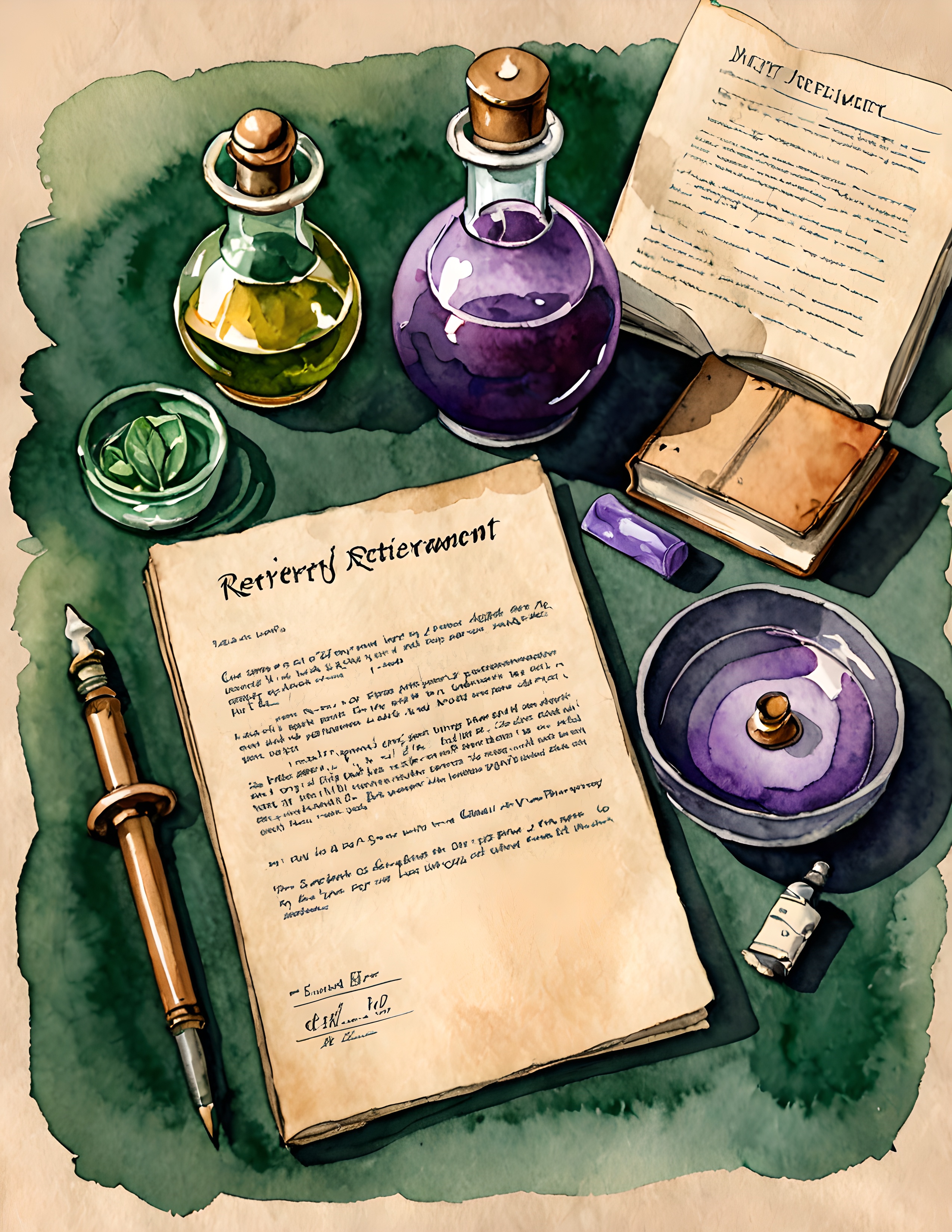 Real Magic Bottle page with purple and green bottles, parchment papers, and apothecary objects