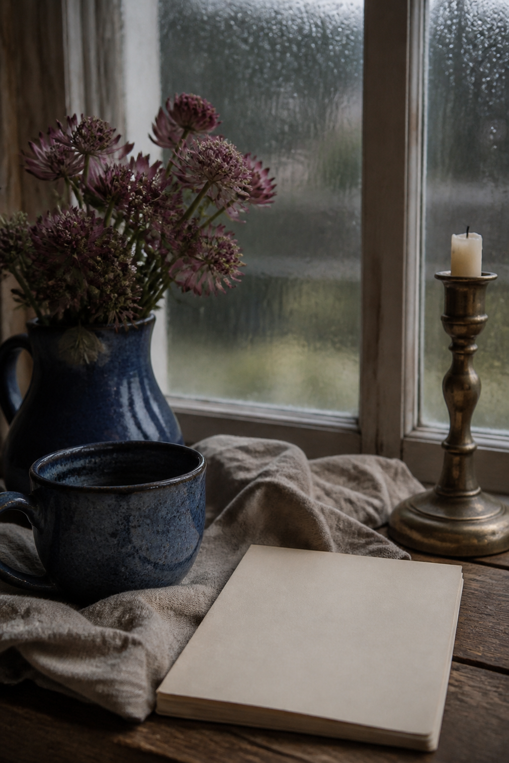 Rainy window table with deep blue ceramic, linen, plum flowers, brass candlestick, and cream paper