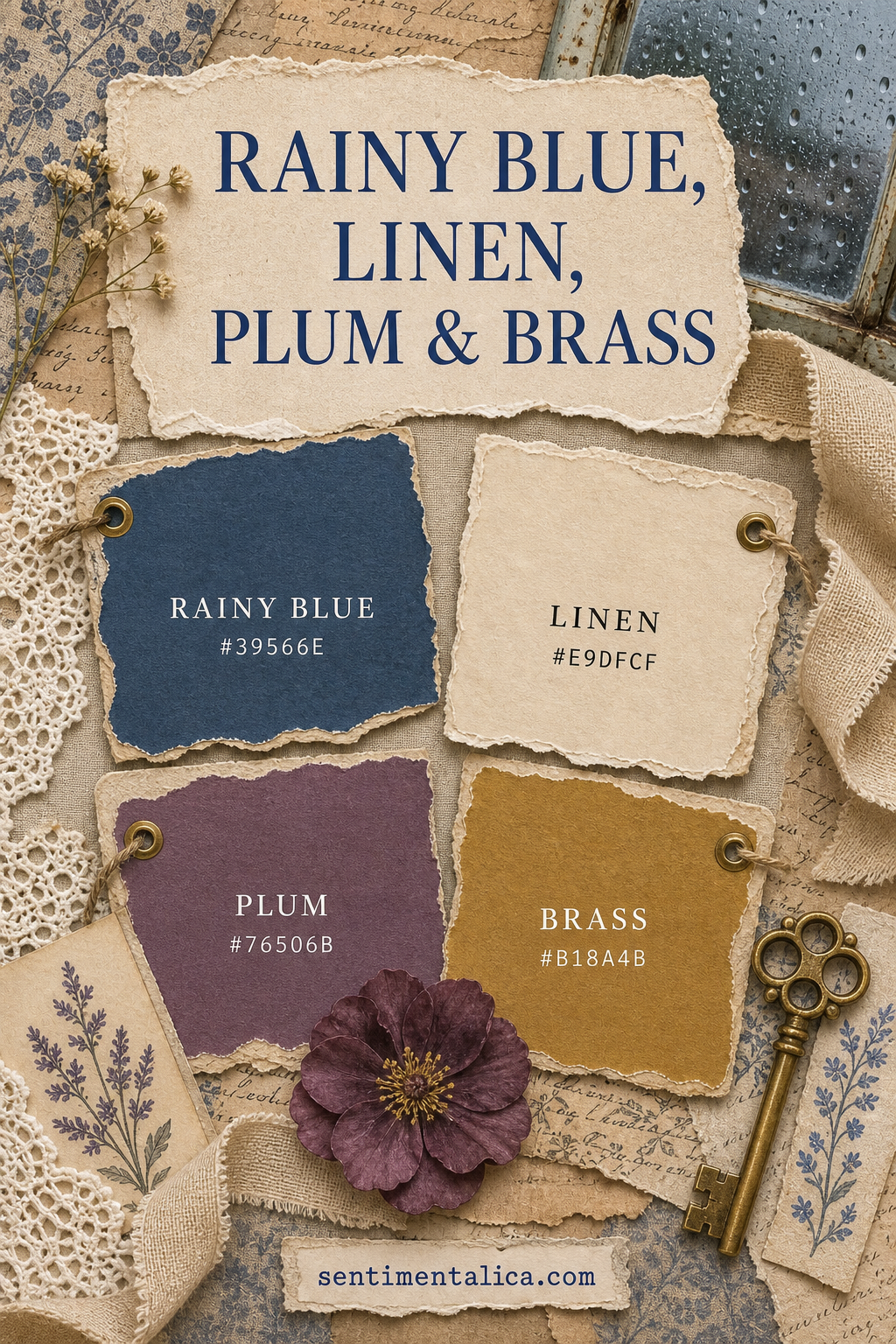 Rainy blue, linen, plum, and brass scrapbook color palette with labeled hex codes