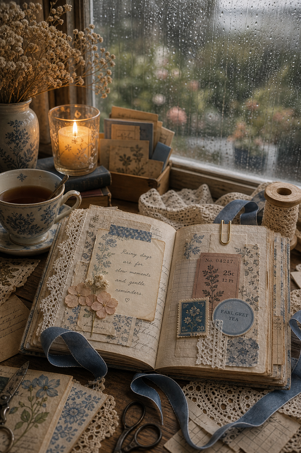 Rainy window beside a blue cup, flowers, candle, and blank journal