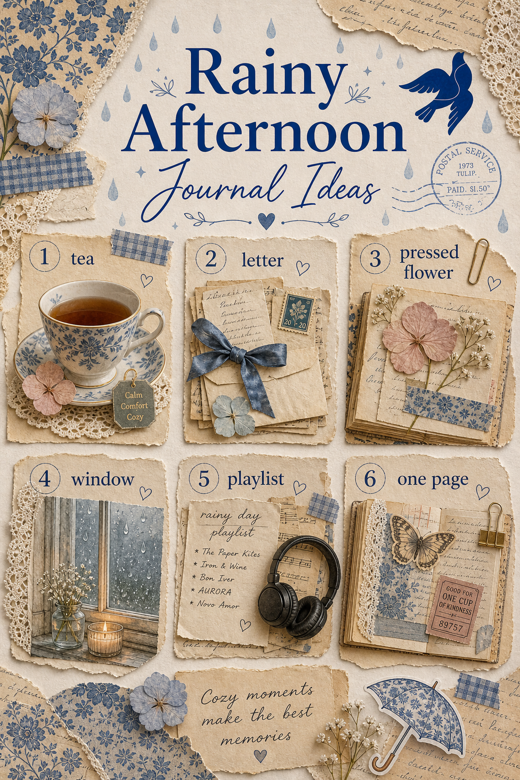 Rainy afternoon junk journal ideas infographic in blue and cream