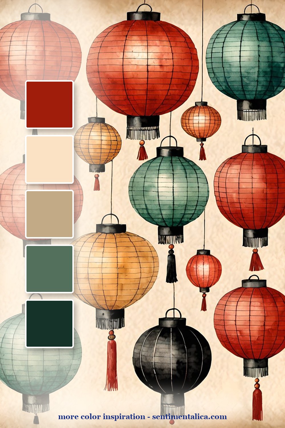 Saveable color palette for red and teal travel journal pages for a collected mood with square swatches and sentimentalica.com