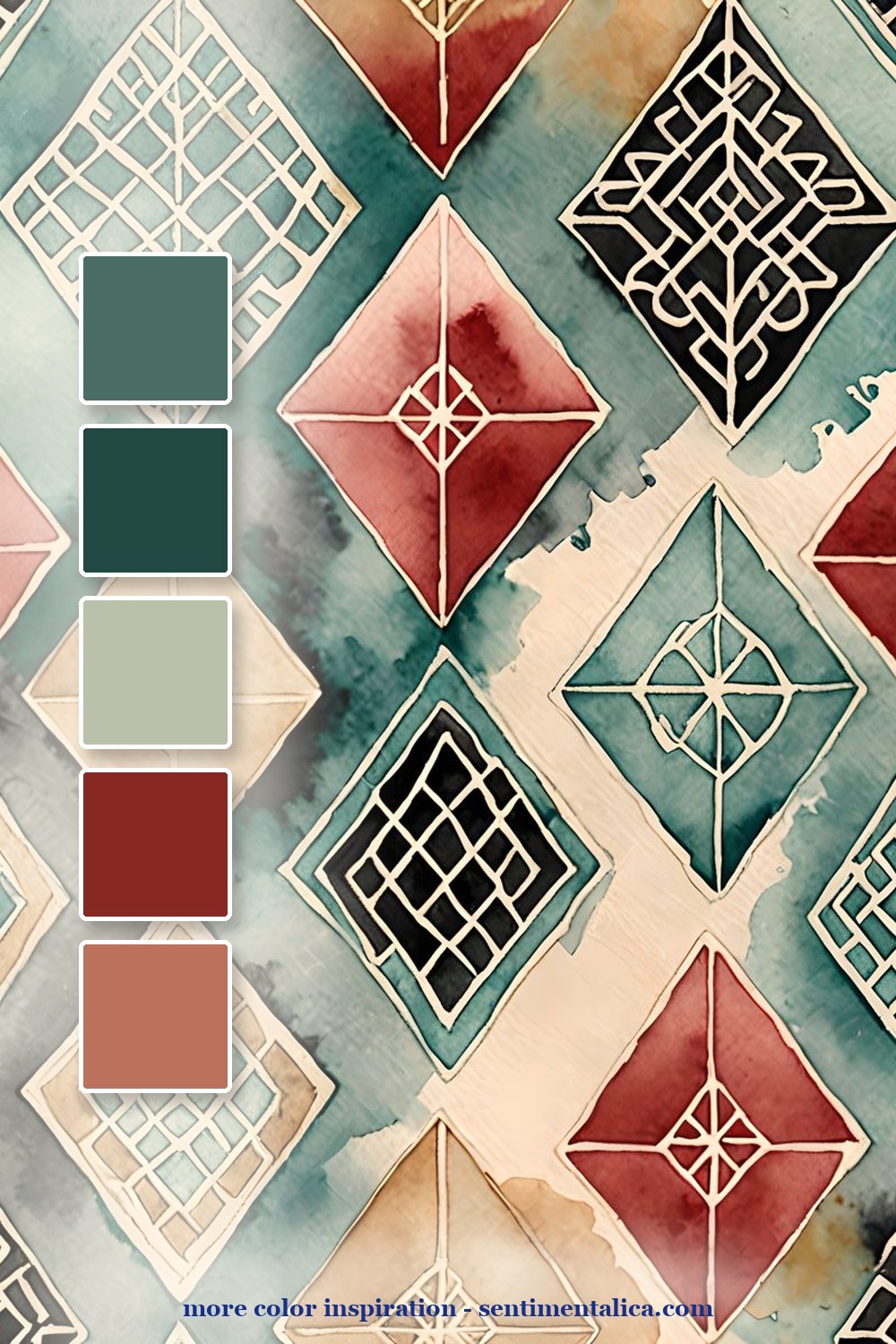 Second showpiece color palette for red and teal travel journal pages for a collected mood