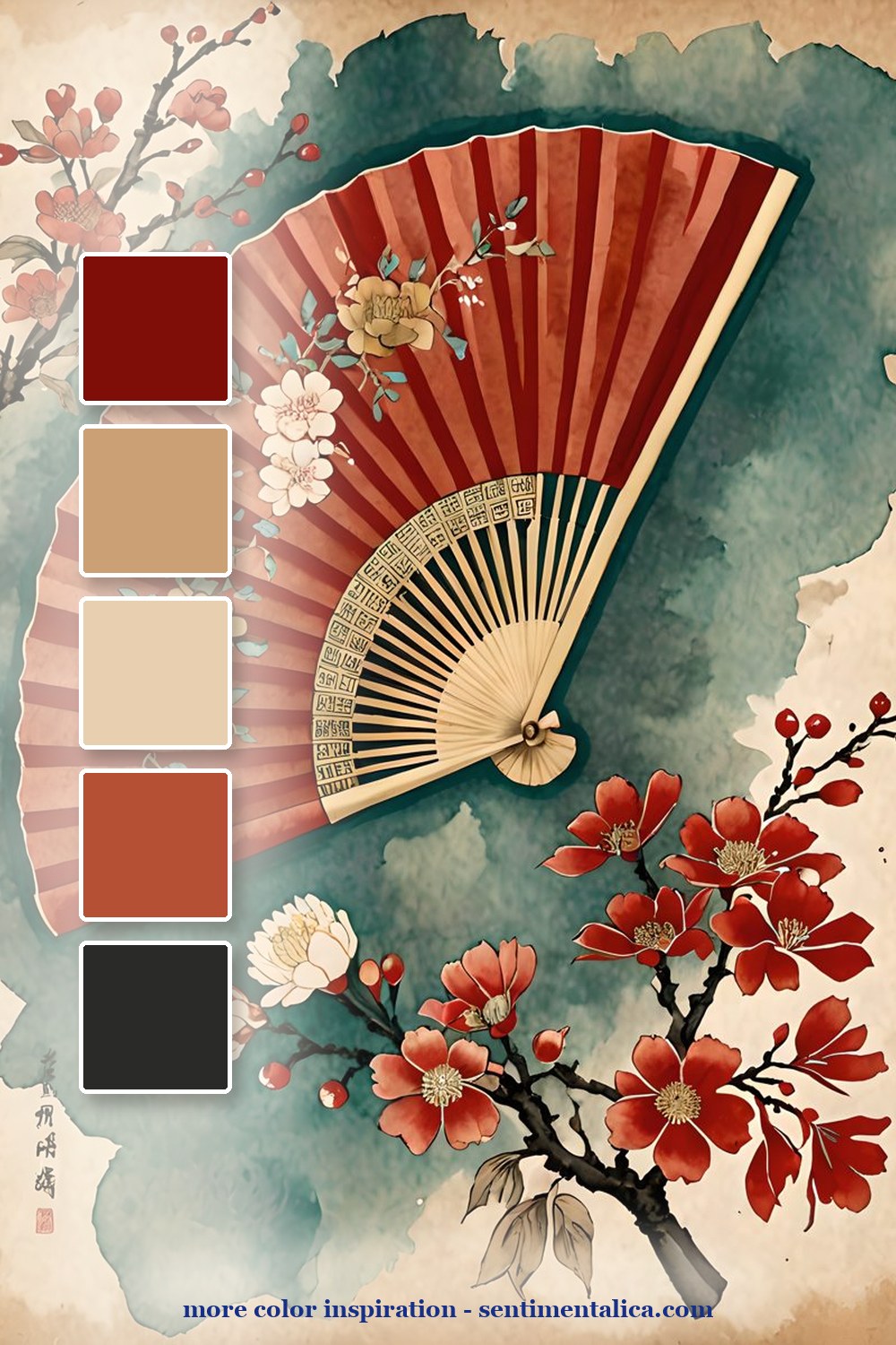 Third showpiece color palette for red and teal travel journal pages for a collected mood