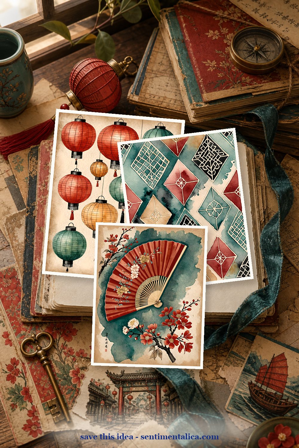 Realistic junk journal process scene inspired by the listing colors