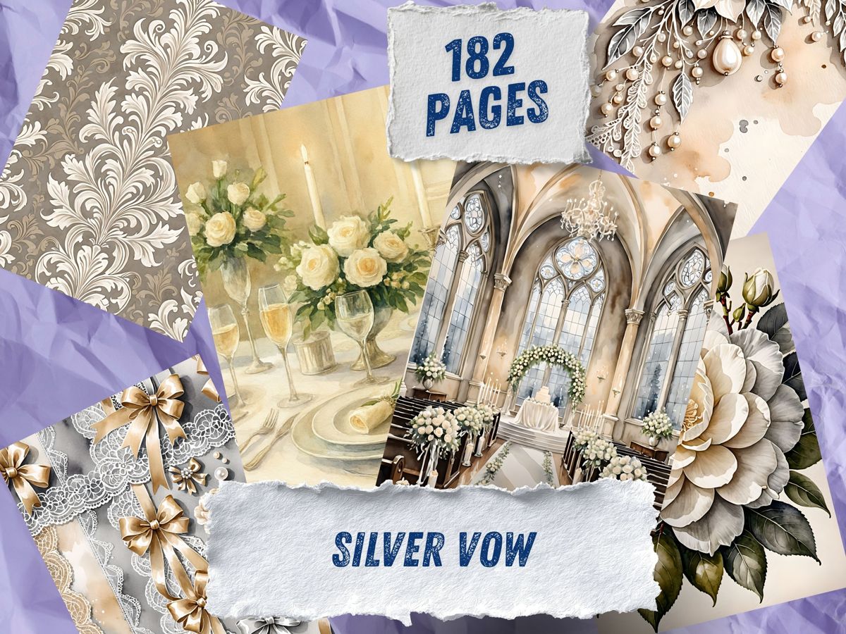 soft silver and cream watercolor junk journal pages with lace, florals, and candlelit wedding details